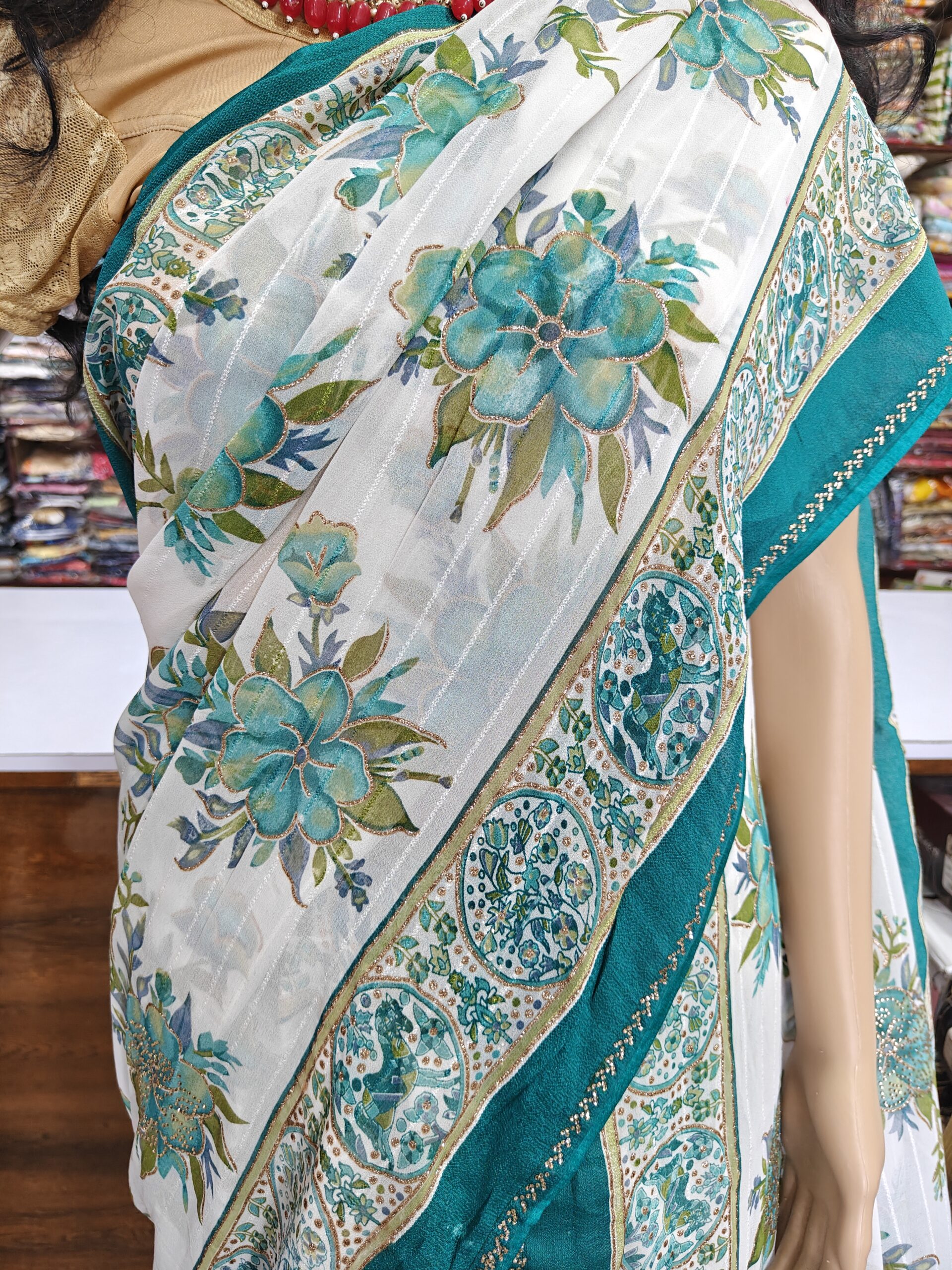Elegant White & Teal Floral Print Soft Atlas Saree with Stone Work Border | Lightweight Party Wear Saree