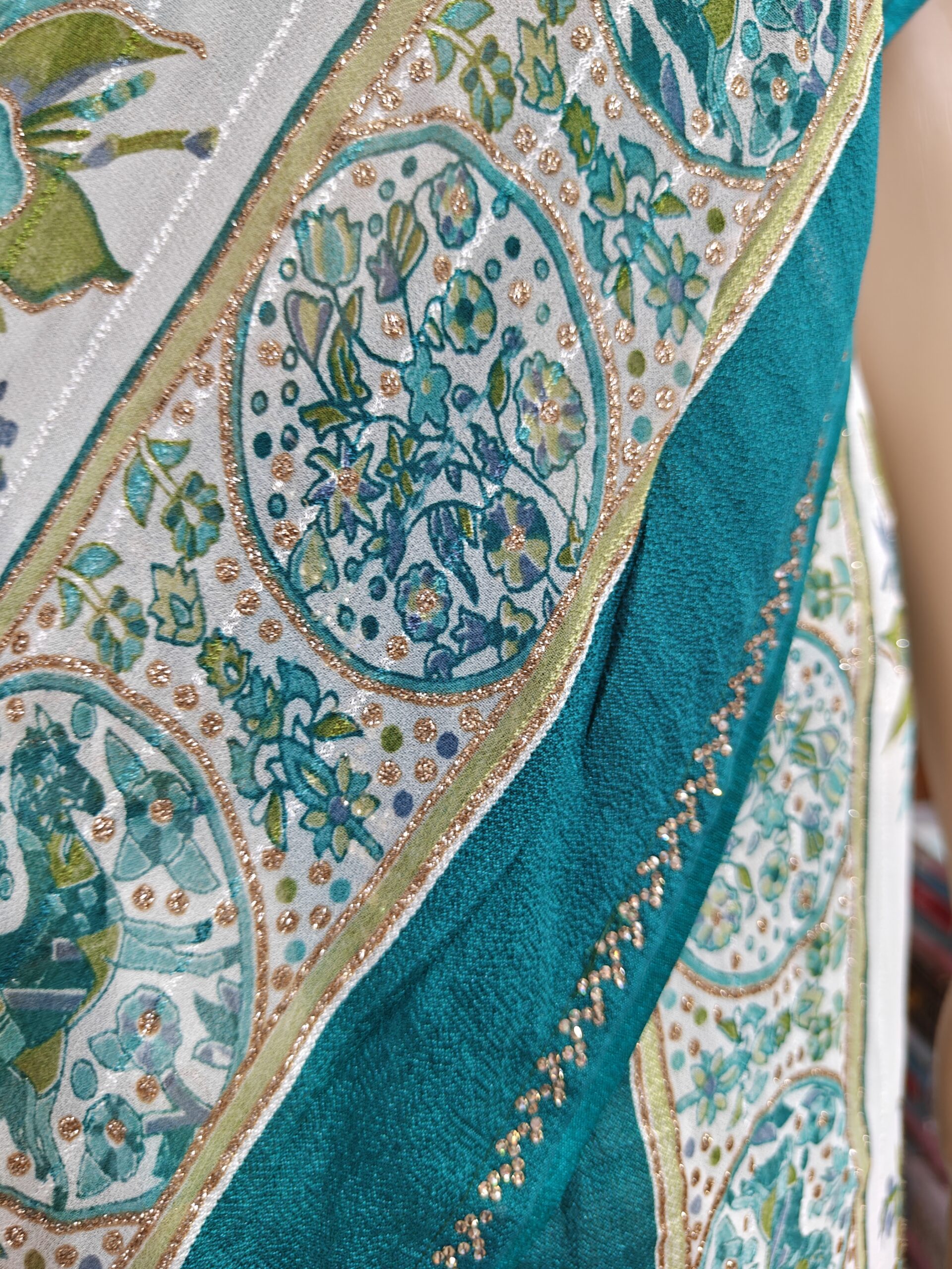 Elegant White & Teal Floral Print Soft Atlas Saree with Stone Work Border | Lightweight Party Wear Saree - Image 3