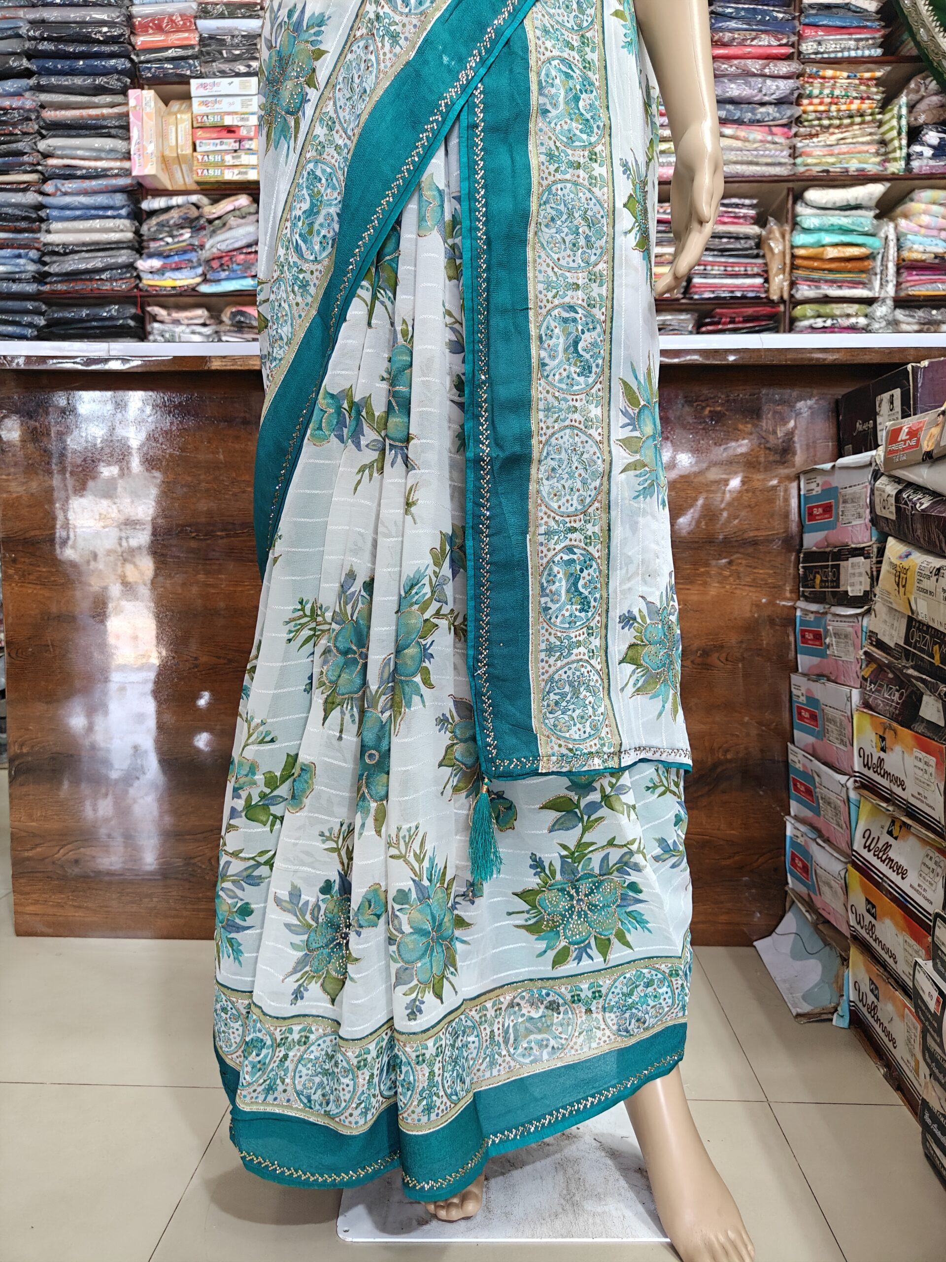 Elegant White & Teal Floral Print Soft Atlas Saree with Stone Work Border | Lightweight Party Wear Saree - Image 2