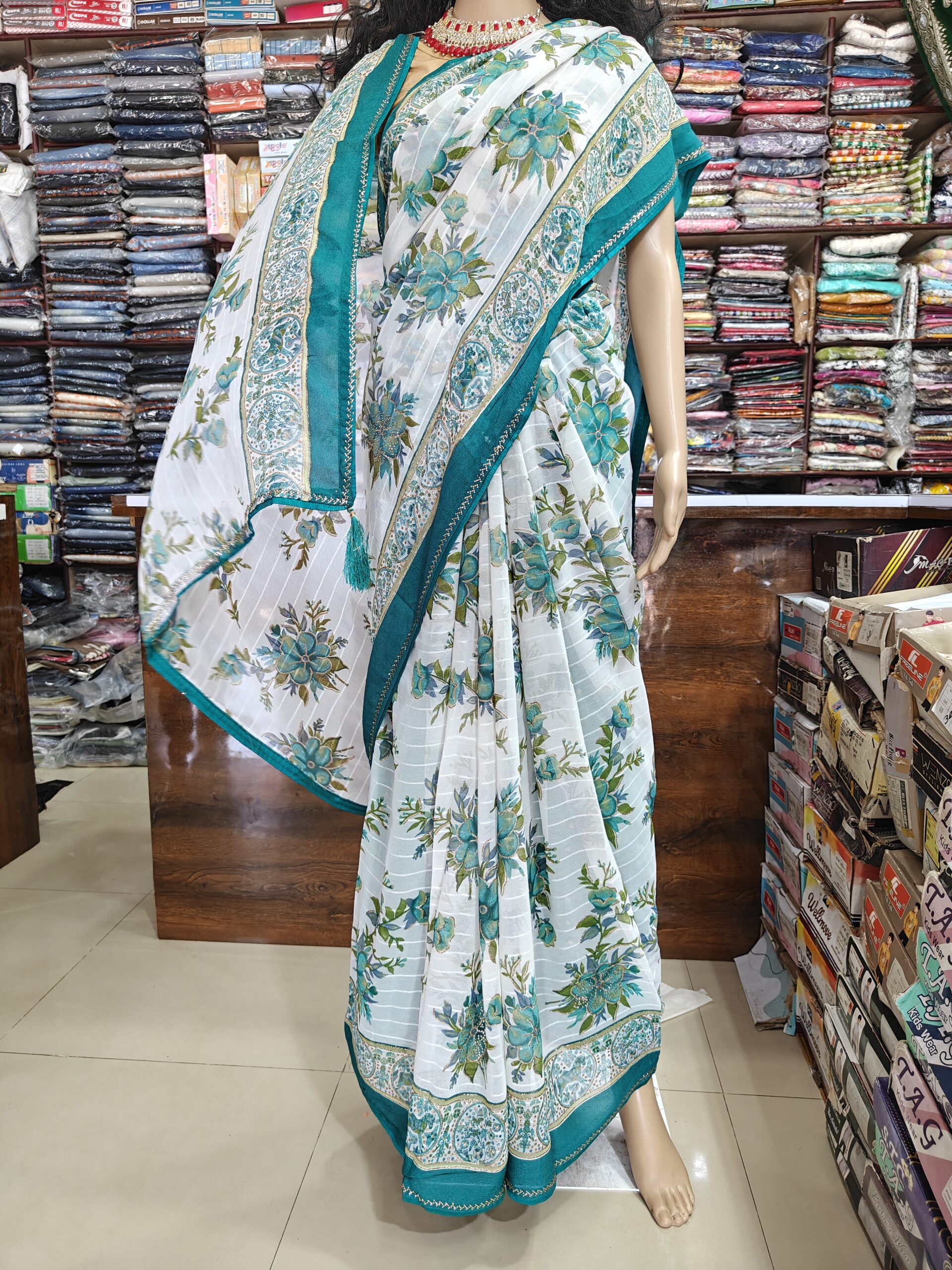 Elegant White & Teal Floral Print Soft Atlas Saree with Stone Work Border | Lightweight Party Wear Saree - Image 4