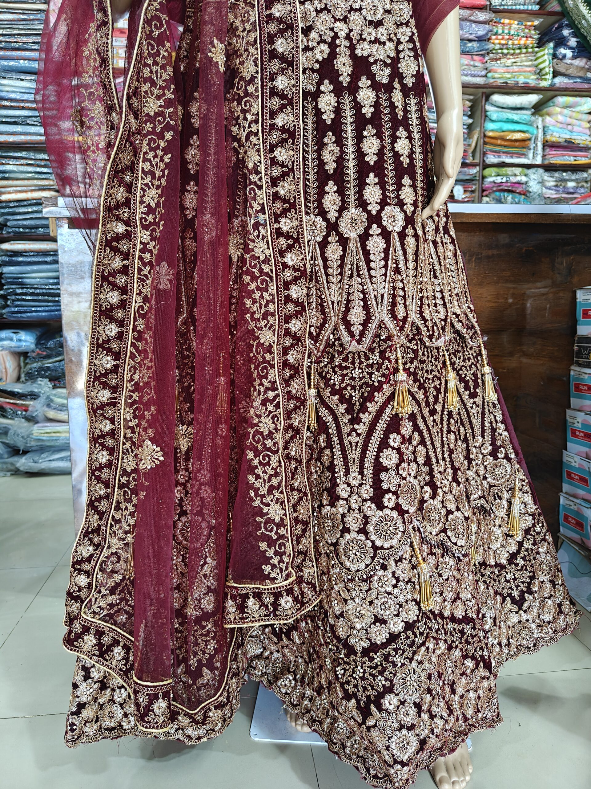 Luxury Maroon Velvet Bridal Lehenga ✨ Heavy Zari, Sequins & Floral Embroidery | Wedding, Bridal & Party Wear - Image 4