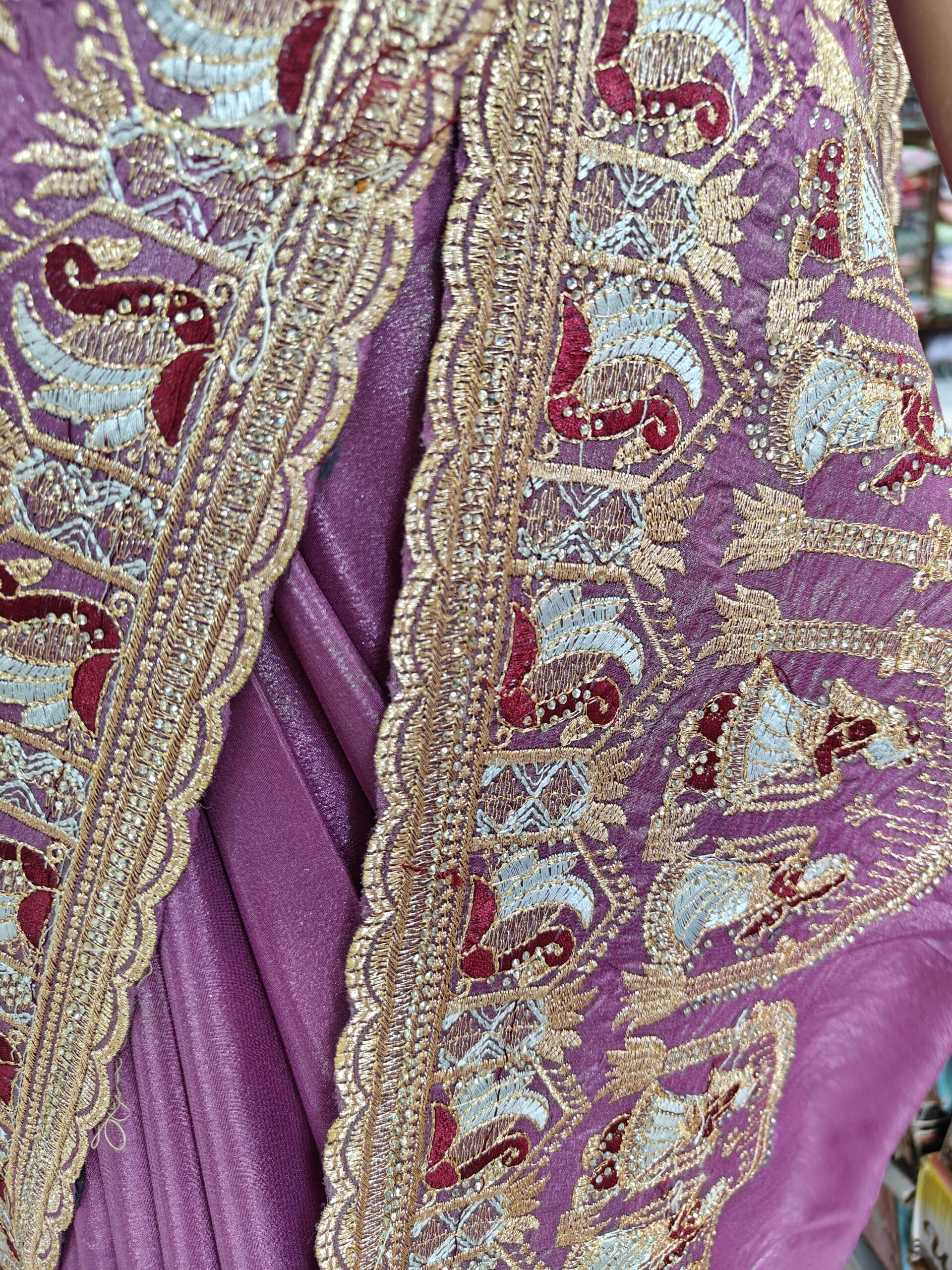 Vichitra Silk Saree with Heavy Resham Dhaga, Zari & Stone Work Border | Designer Party Wear, Wedding & Festive Saree for Wome - Image 4
