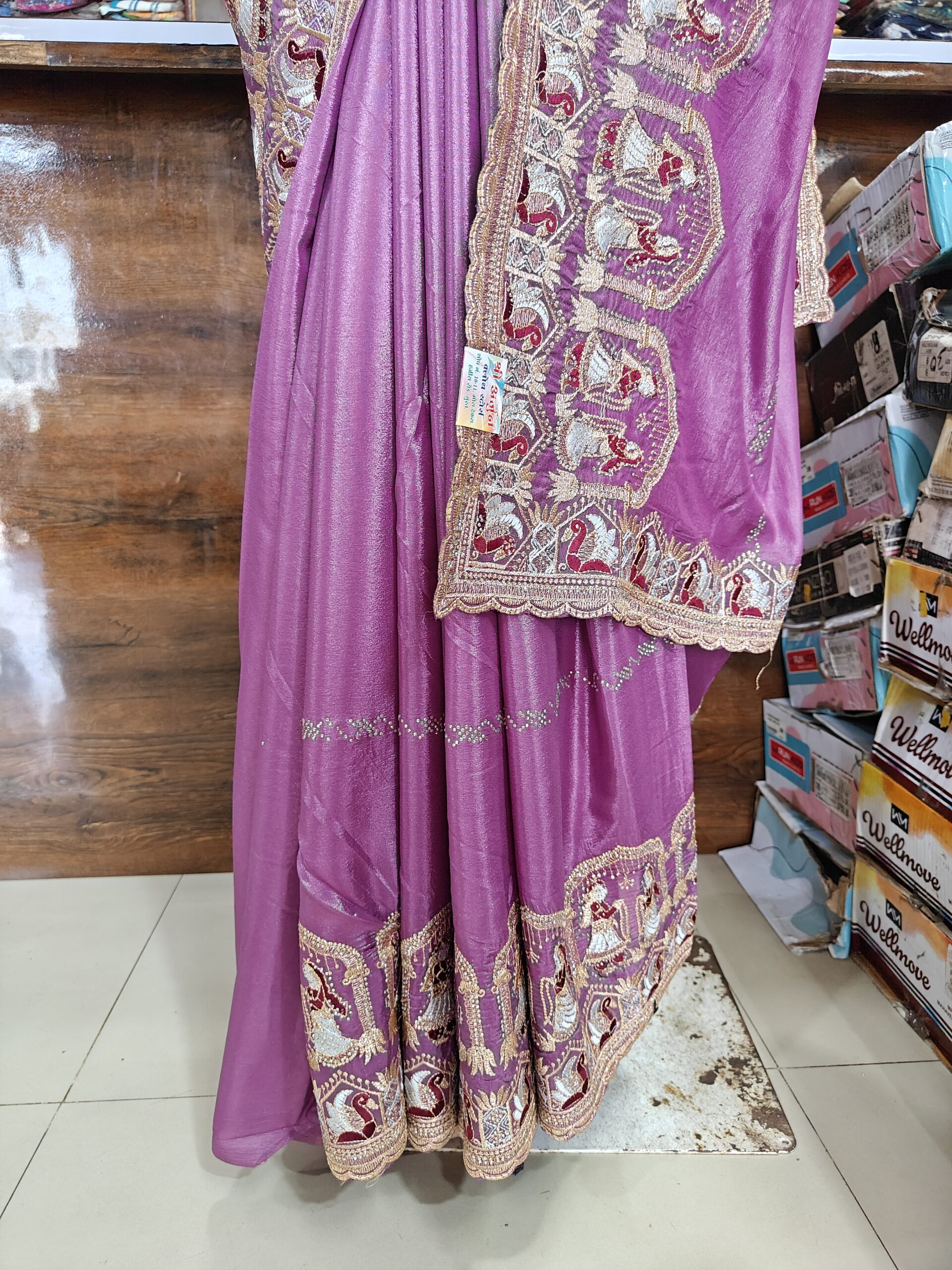Vichitra Silk Saree with Heavy Resham Dhaga, Zari & Stone Work Border | Designer Party Wear, Wedding & Festive Saree for Wome - Image 3
