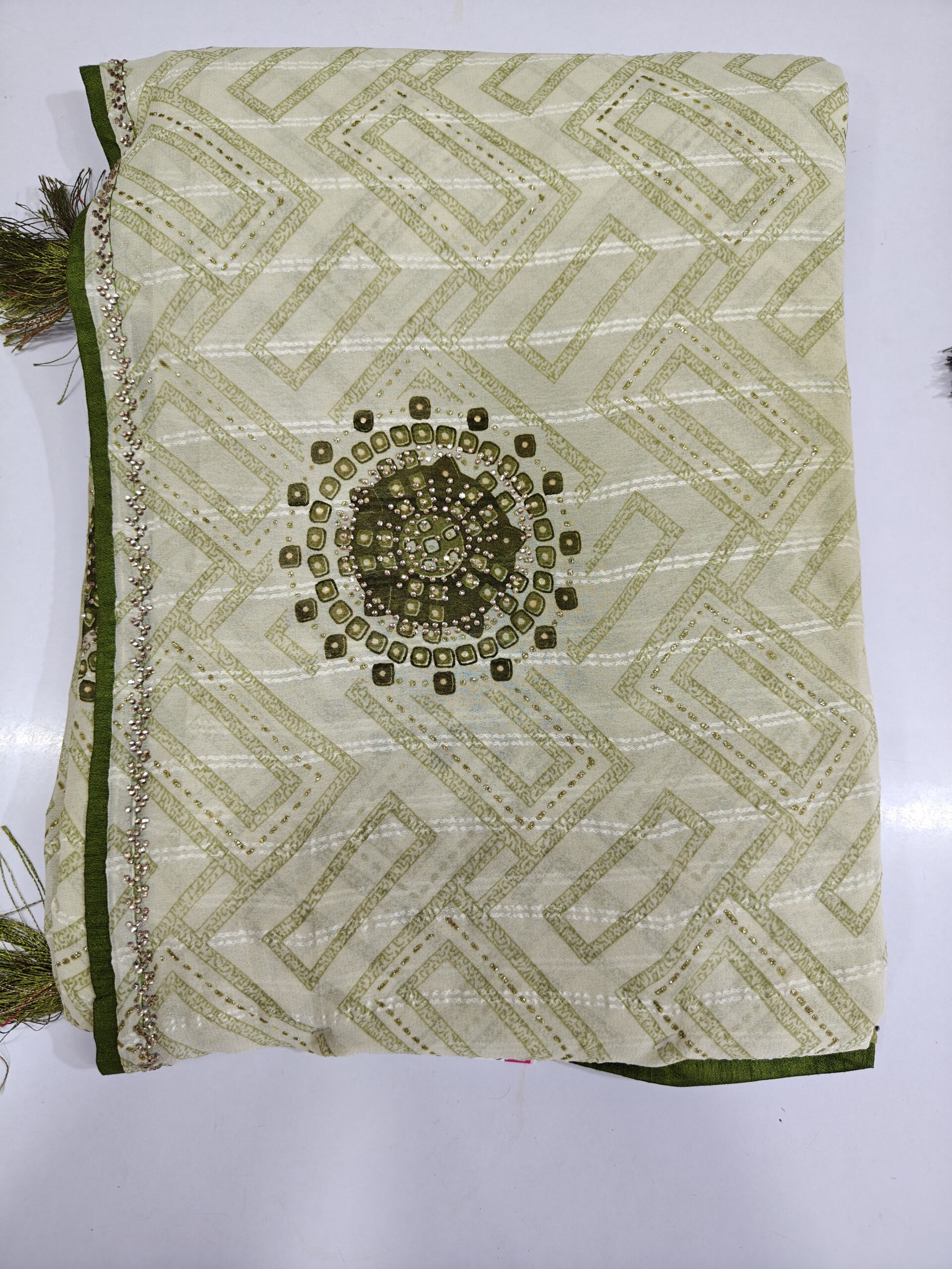 Beautiful Cream & Mustard Atlas Saree | Silver Stone Work | Geometric Print | Lightweight Party Wear Saree - Image 5