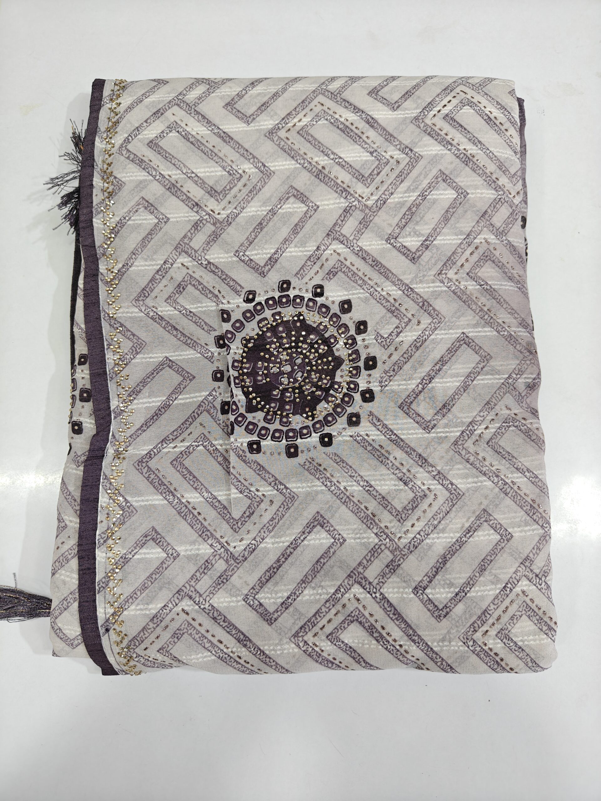 Beautiful Cream & Mustard Atlas Saree | Silver Stone Work | Geometric Print | Lightweight Party Wear Saree - Image 6