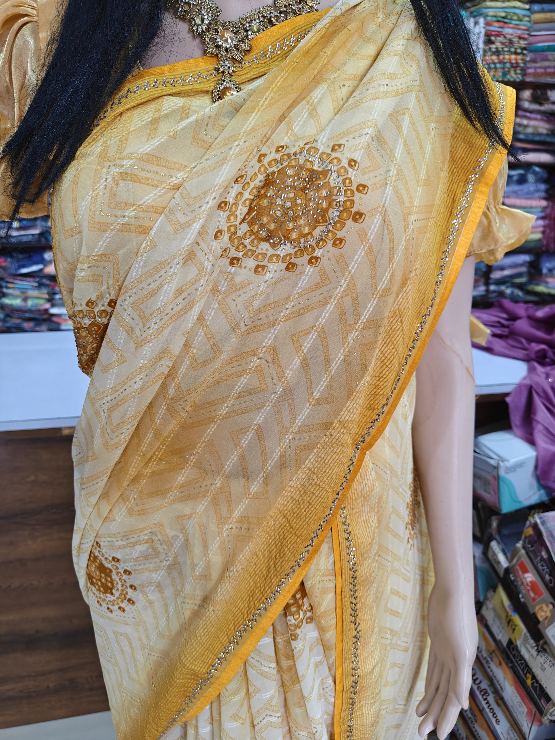 Beautiful Cream & Mustard Atlas Saree | Silver Stone Work | Geometric Print | Lightweight Party Wear Saree