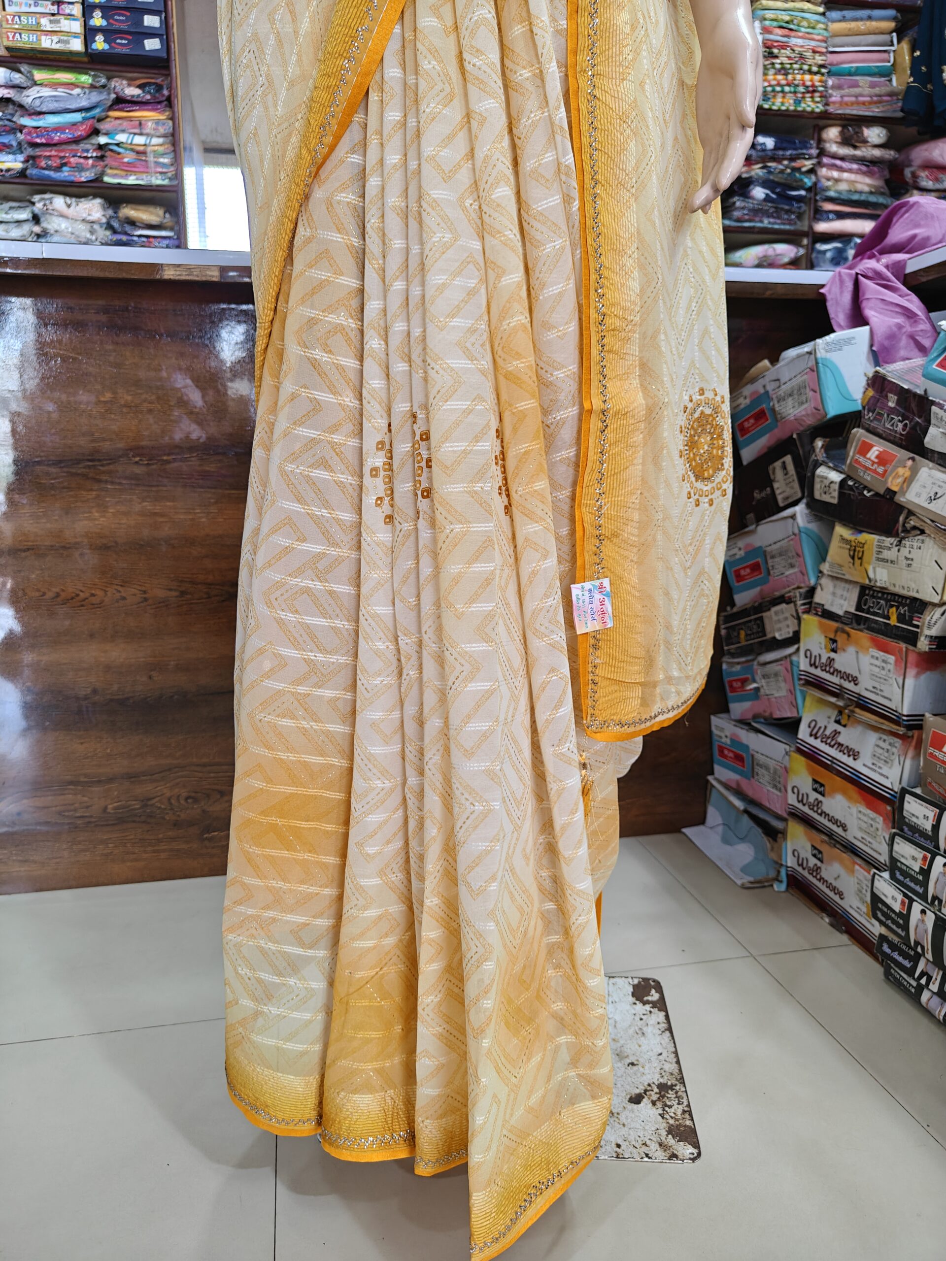 Beautiful Cream & Mustard Atlas Saree | Silver Stone Work | Geometric Print | Lightweight Party Wear Saree - Image 2