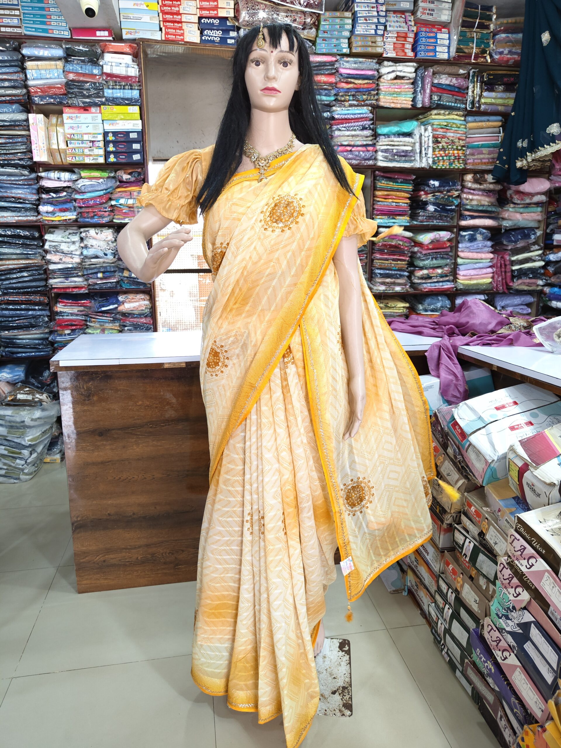 Beautiful Cream & Mustard Atlas Saree | Silver Stone Work | Geometric Print | Lightweight Party Wear Saree - Image 4