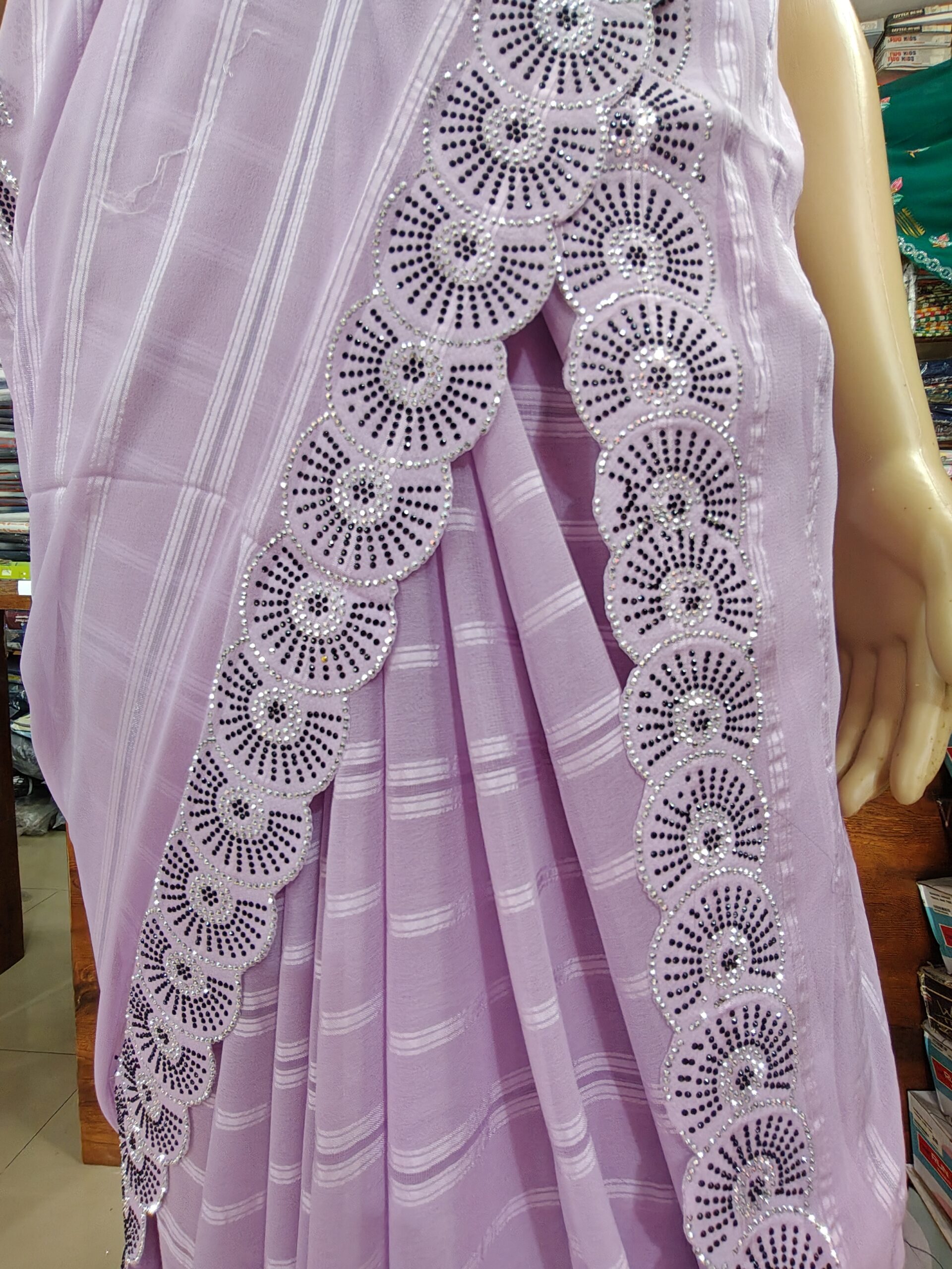 Light Lavender Georgette Saree with Designer Stone Work Border - Image 2