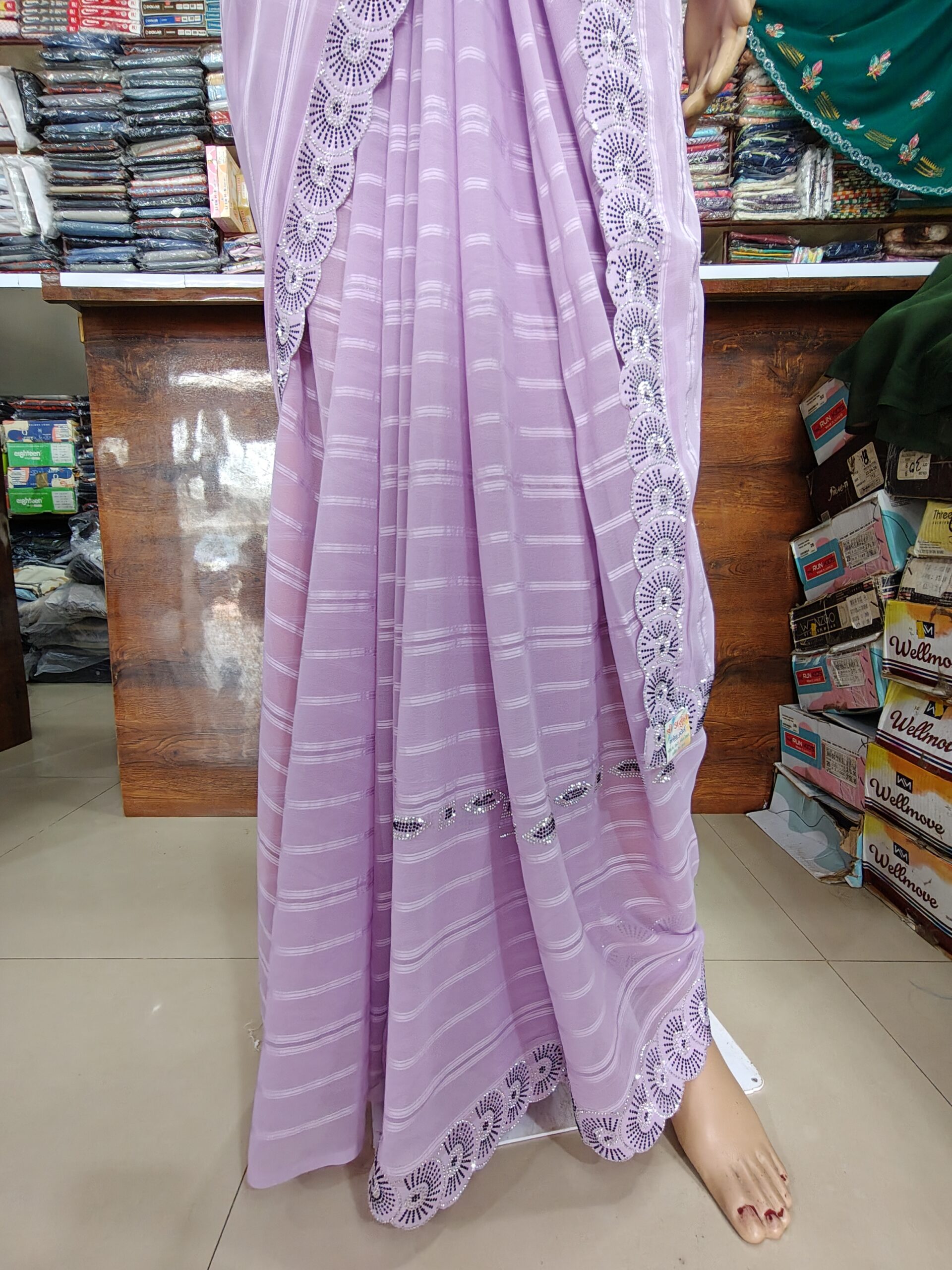Light Lavender Georgette Saree with Designer Stone Work Border - Image 3