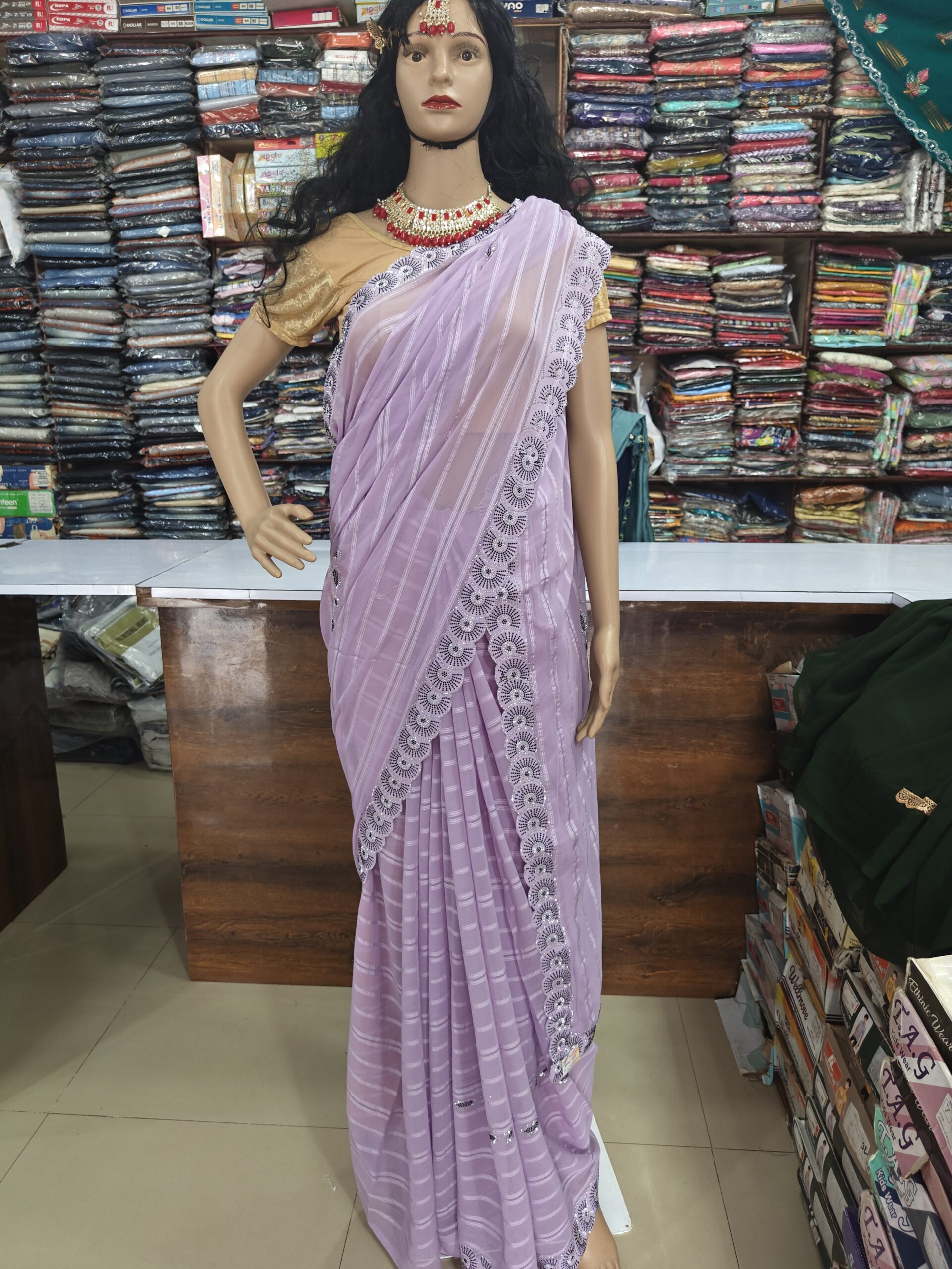 Light Lavender Georgette Saree with Designer Stone Work Border - Image 4