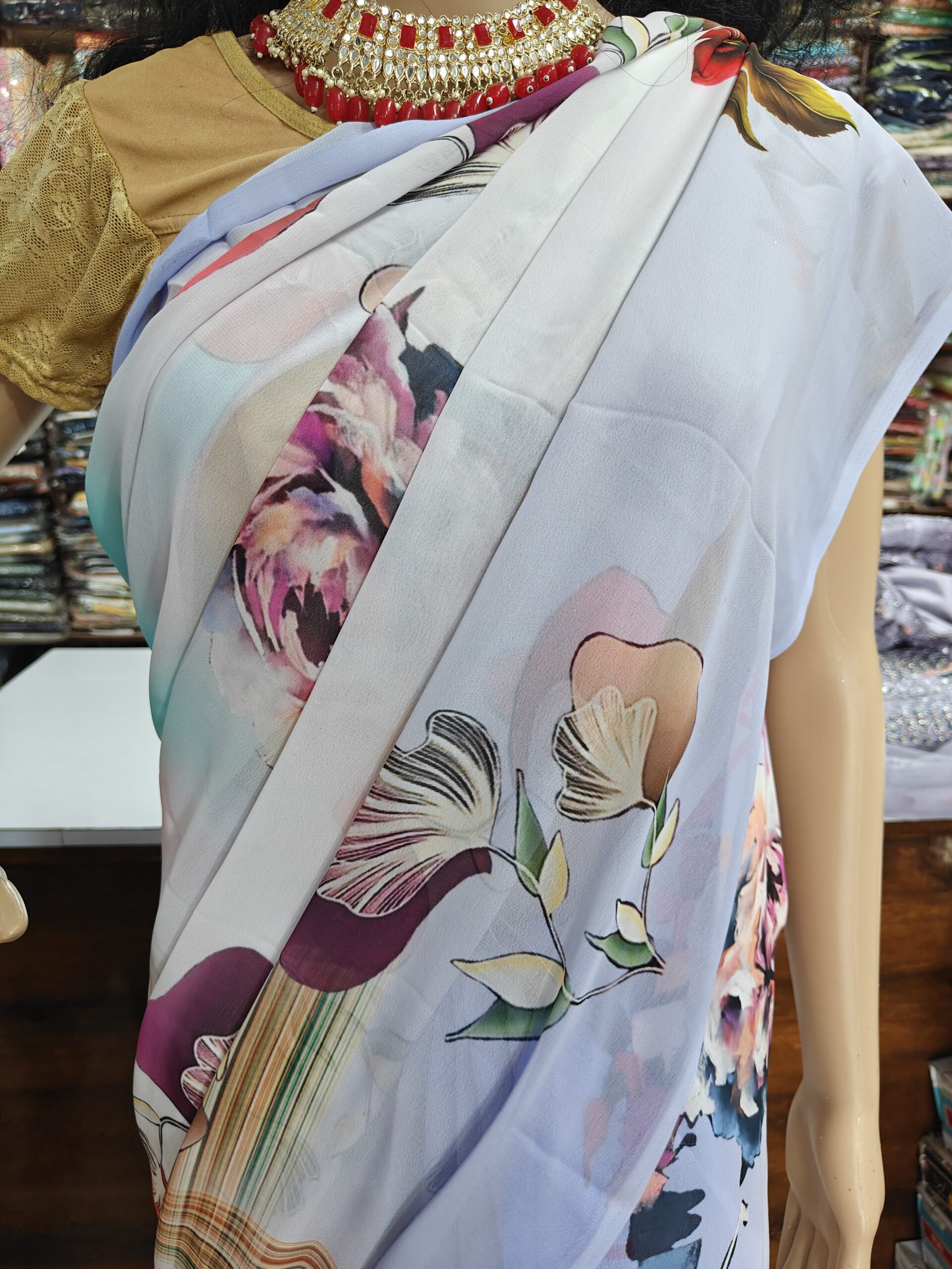 Beautiful Sky Blue Printed Atlas Saree | Soft Floral Print | Lightweight Daily & Party Wear Saree