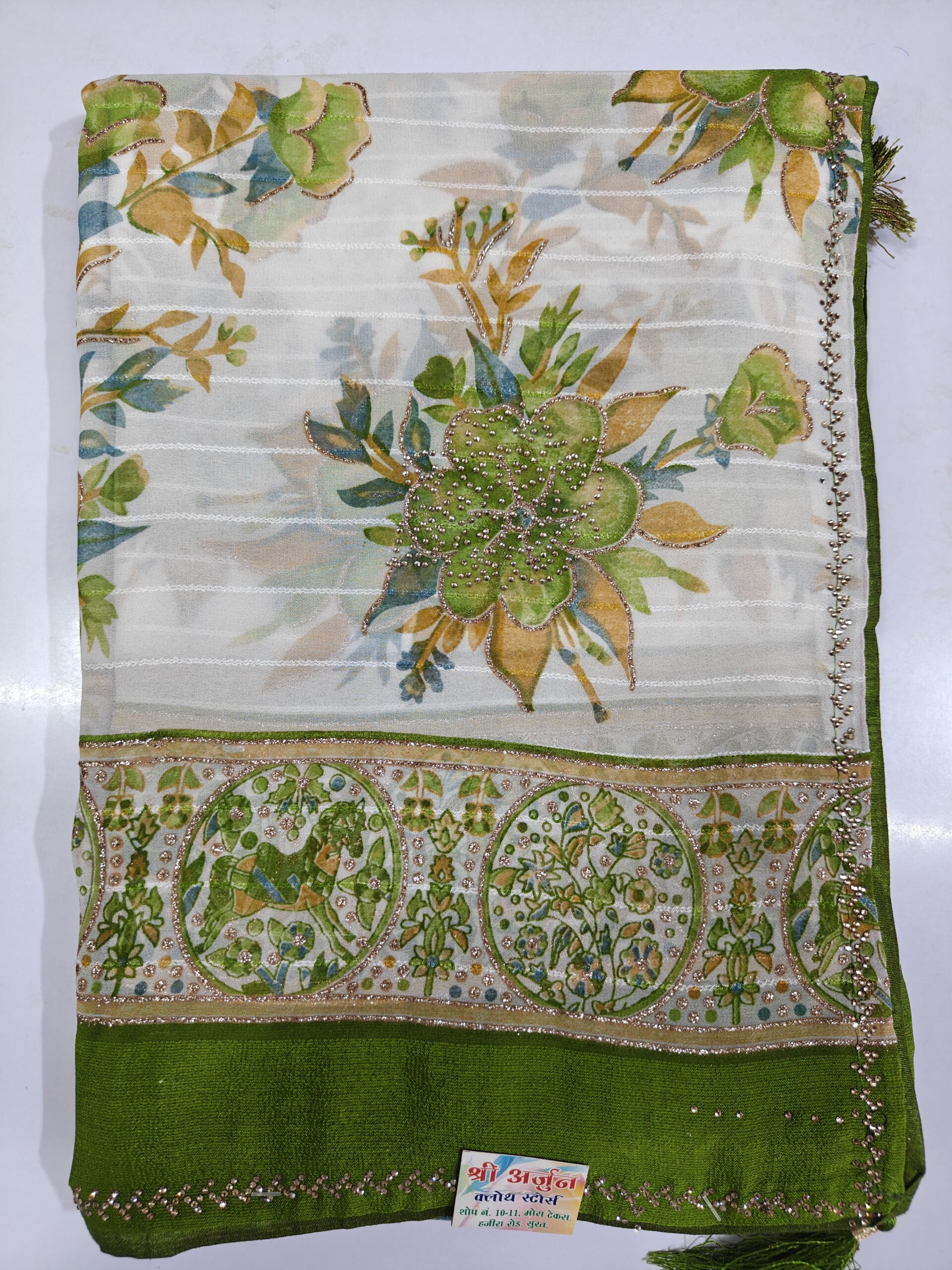 Elegant White & Teal Floral Print Soft Atlas Saree with Stone Work Border | Lightweight Party Wear Saree - Image 5