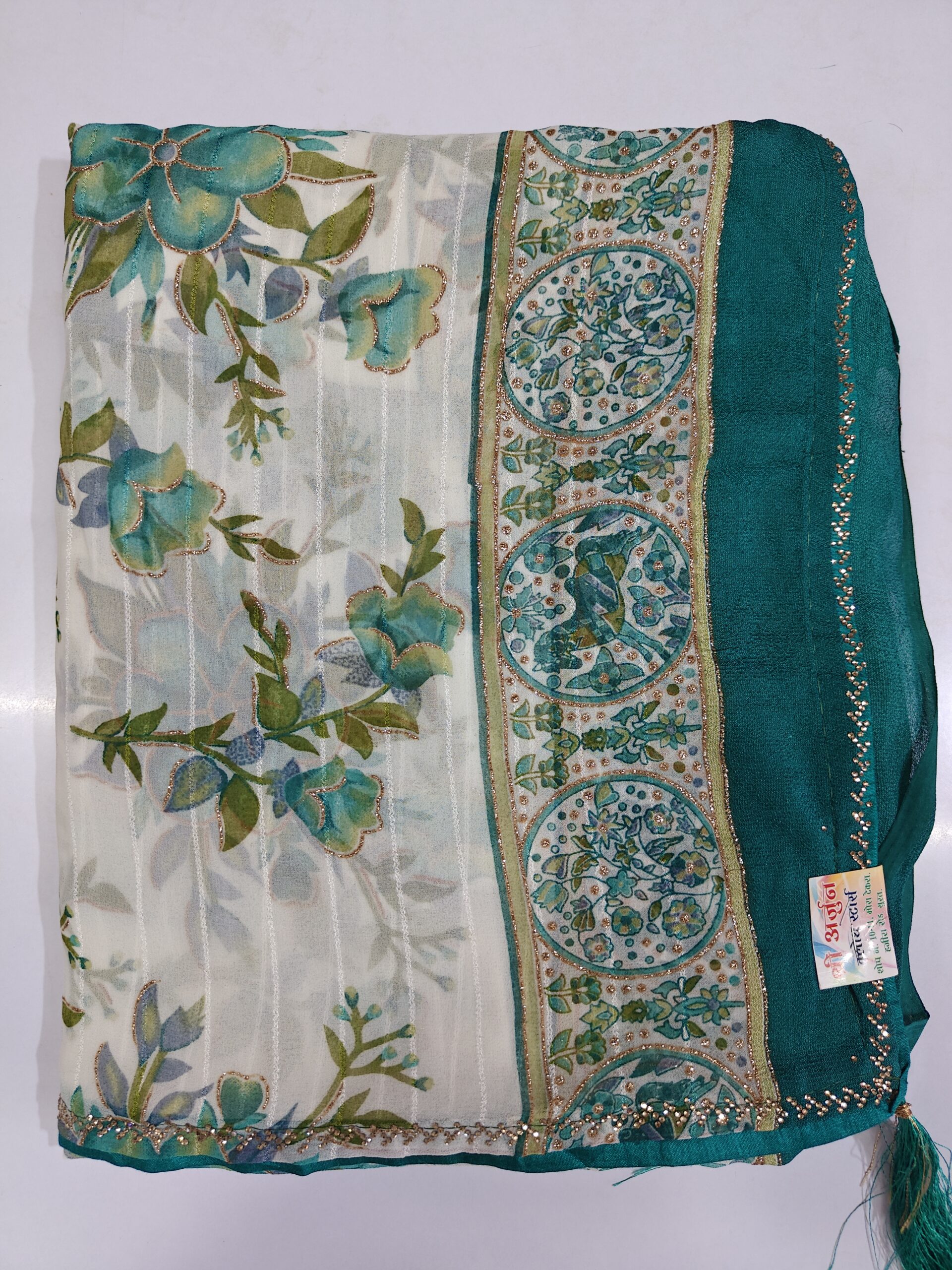 Elegant White & Teal Floral Print Soft Atlas Saree with Stone Work Border | Lightweight Party Wear Saree - Image 6