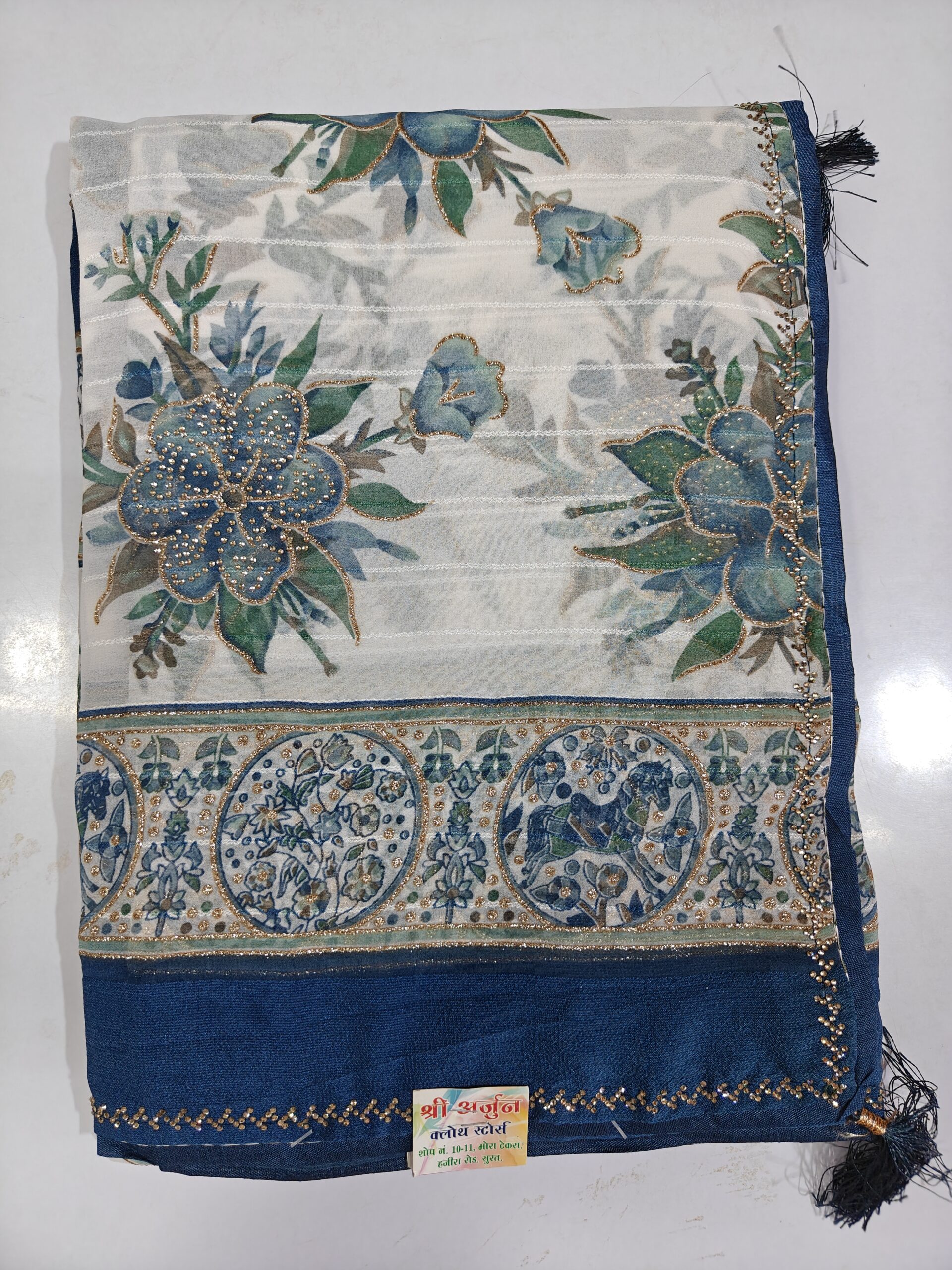 Elegant White & Teal Floral Print Soft Atlas Saree with Stone Work Border | Lightweight Party Wear Saree - Image 8
