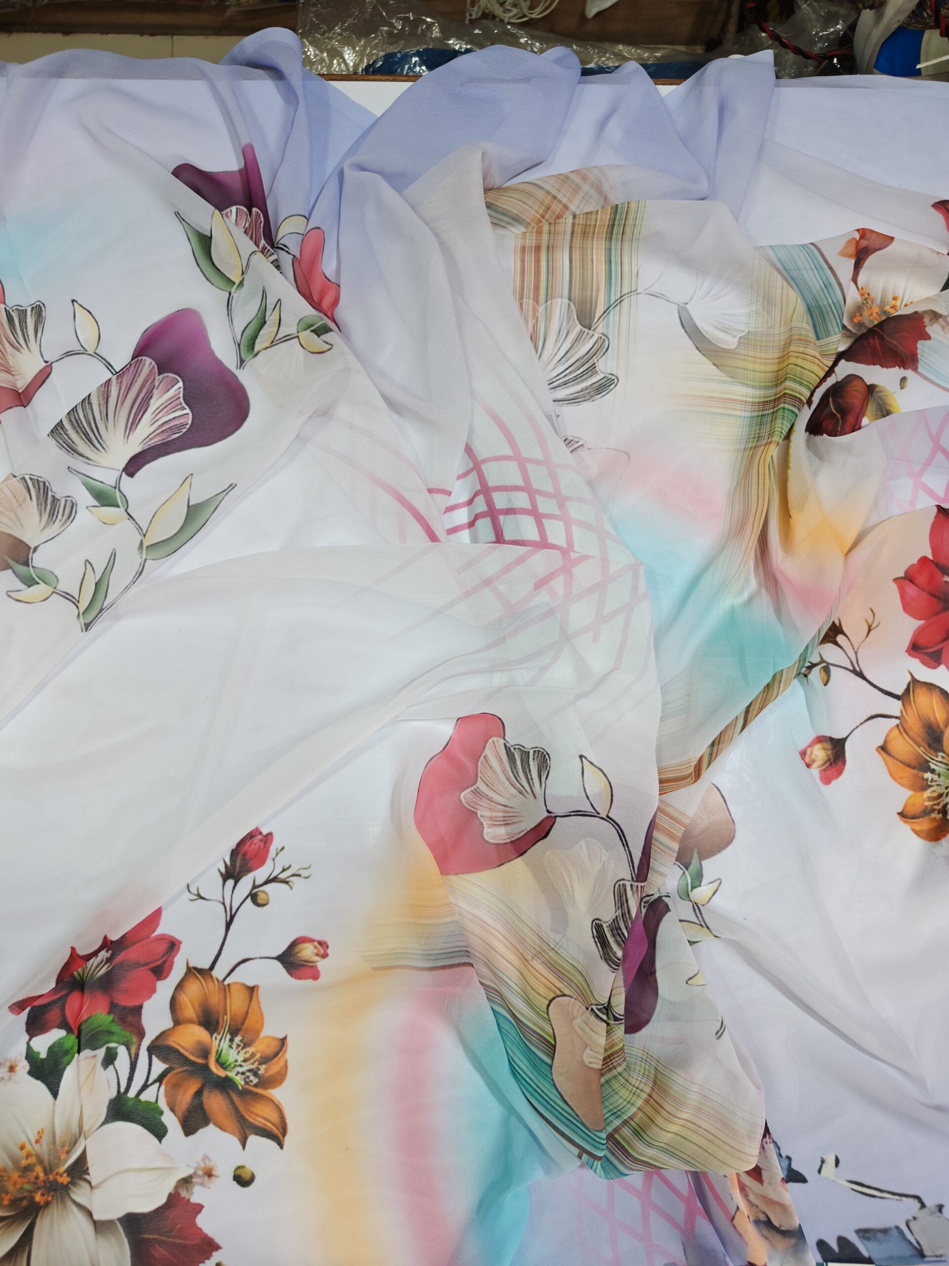 Beautiful Sky Blue Printed Atlas Saree | Soft Floral Print | Lightweight Daily & Party Wear Saree - Image 3