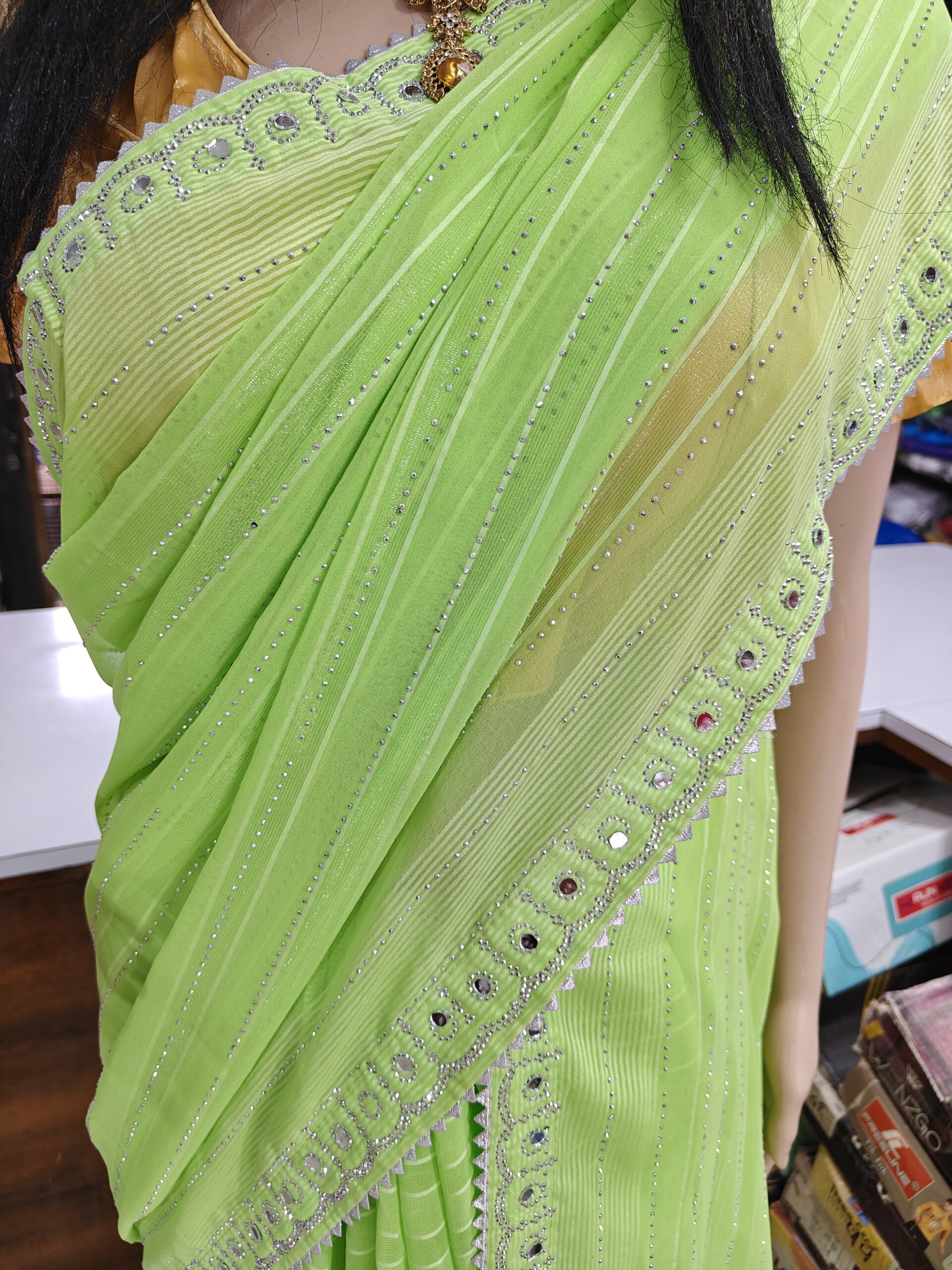 Elegant Light Green Stone Work Saree | Soft Lightweight Fabric | Mirror & Crystal Border Party Wear Saree - Image 2