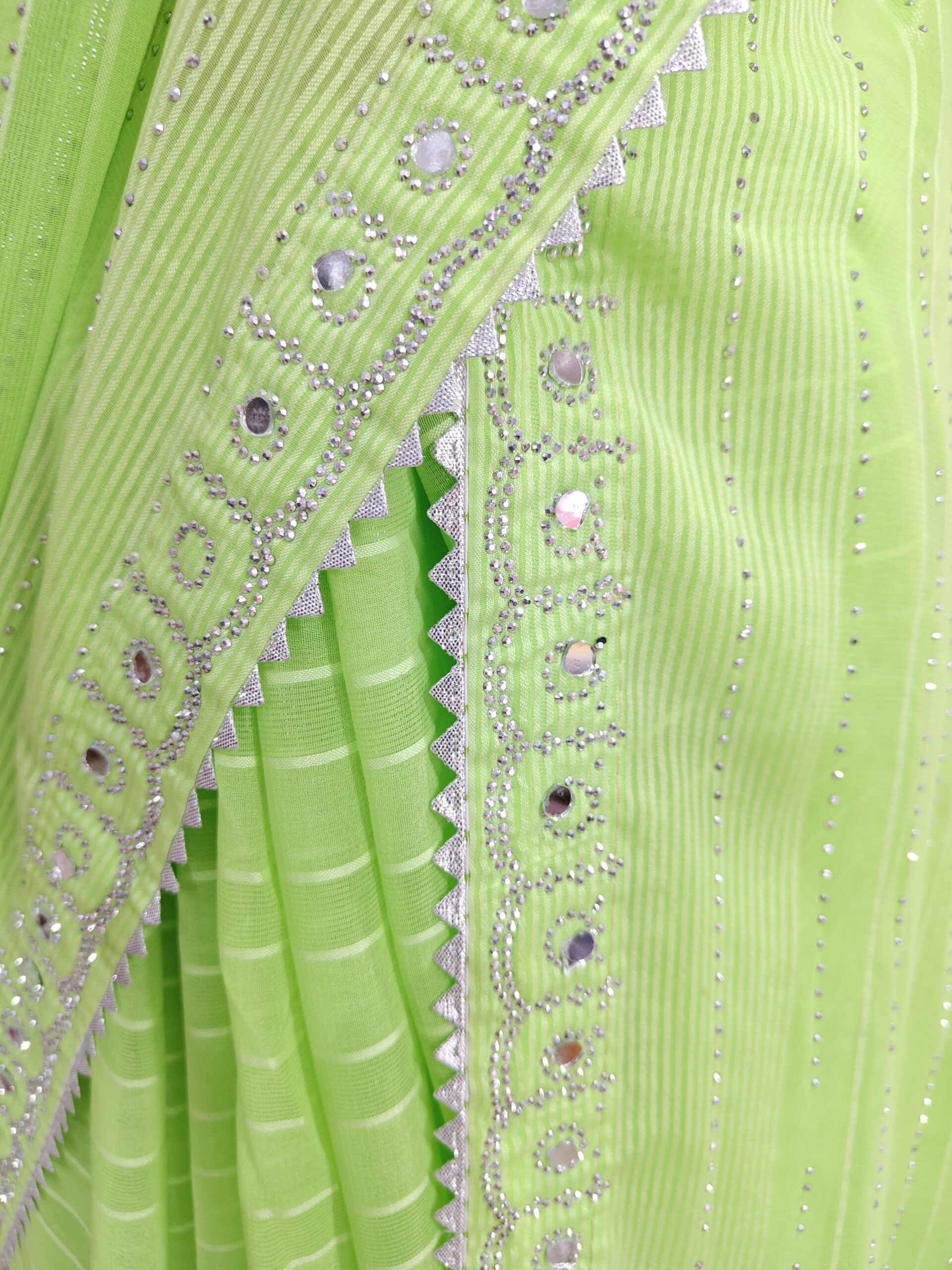 Elegant Light Green Stone Work Saree | Soft Lightweight Fabric | Mirror & Crystal Border Party Wear Saree - Image 3