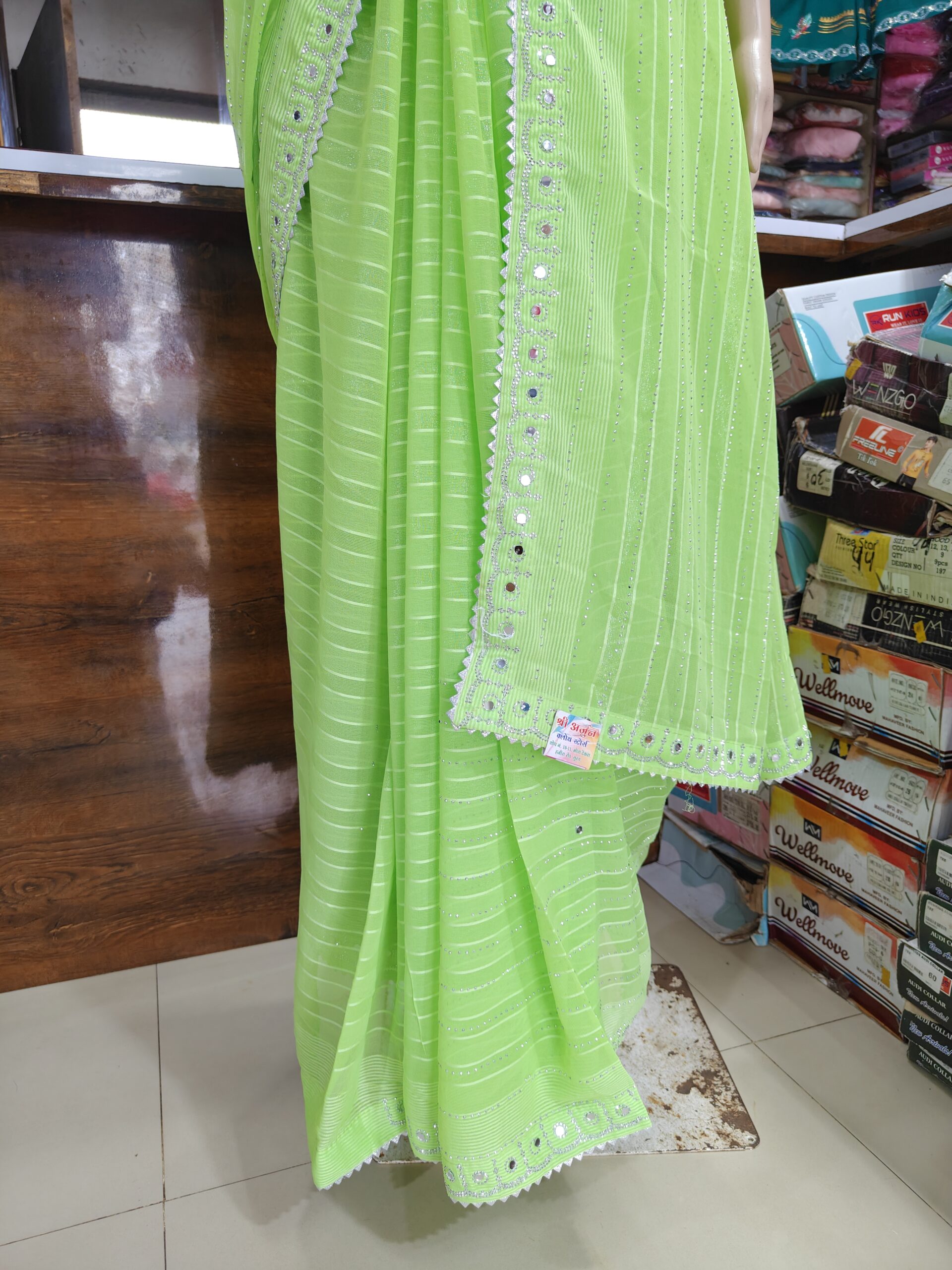 Elegant Light Green Stone Work Saree | Soft Lightweight Fabric | Mirror & Crystal Border Party Wear Saree - Image 4