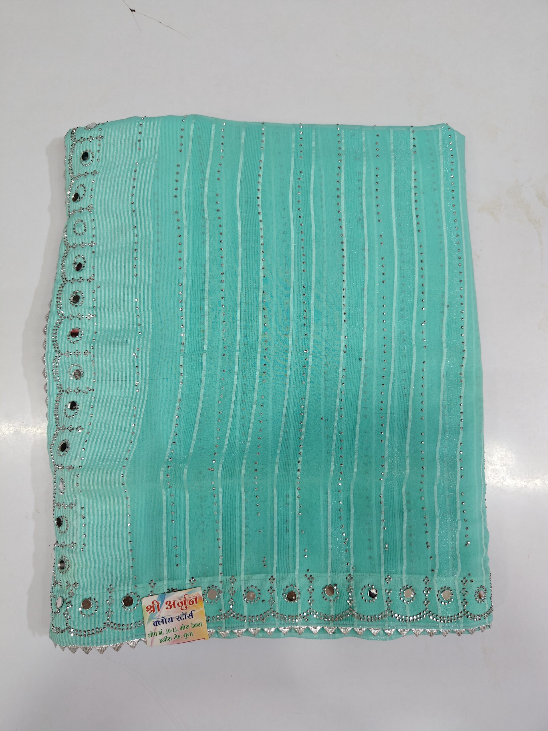 Elegant Light Green Stone Work Saree | Soft Lightweight Fabric | Mirror & Crystal Border Party Wear Saree - Image 6