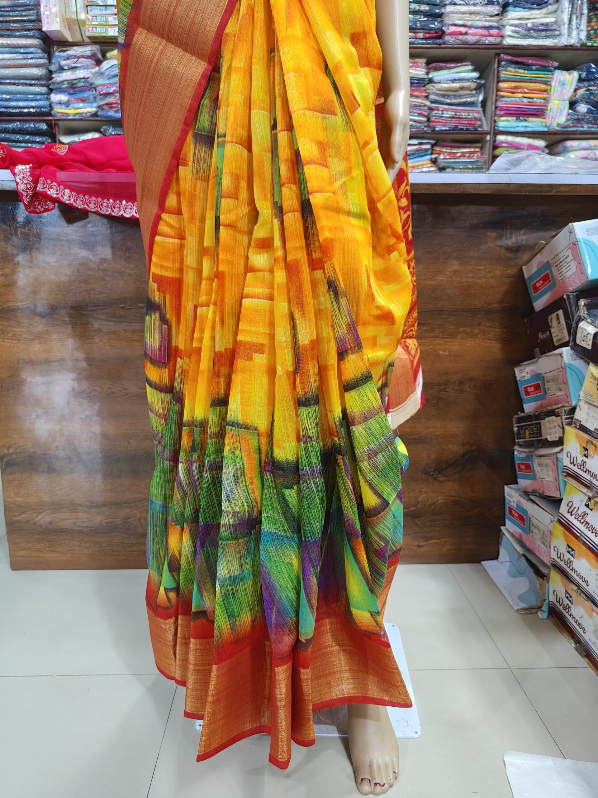Beautiful Yellow Multicolour Chanderi Cotton Saree | Soft Lightweight Cotton | Elegant Printed Traditional & Casual Wear Saree - Image 4