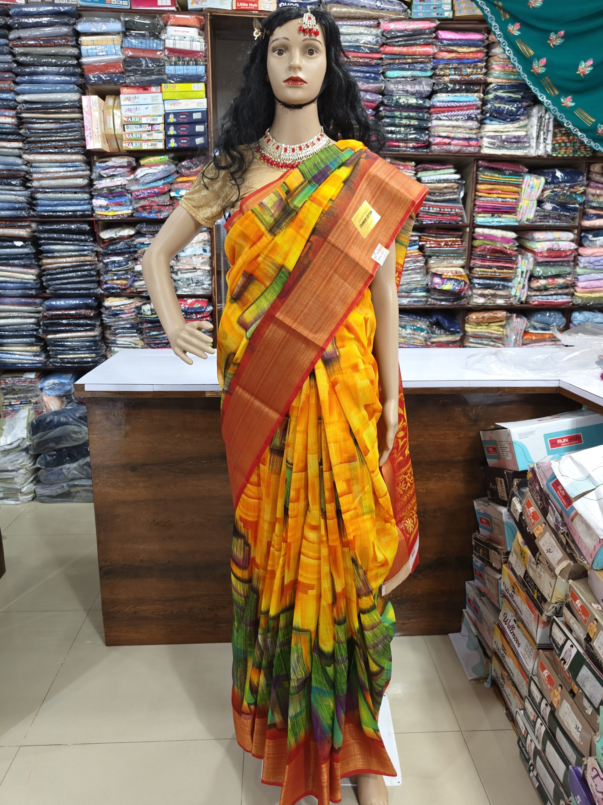 Beautiful Yellow Multicolour Chanderi Cotton Saree | Soft Lightweight Cotton | Elegant Printed Traditional & Casual Wear Saree - Image 5
