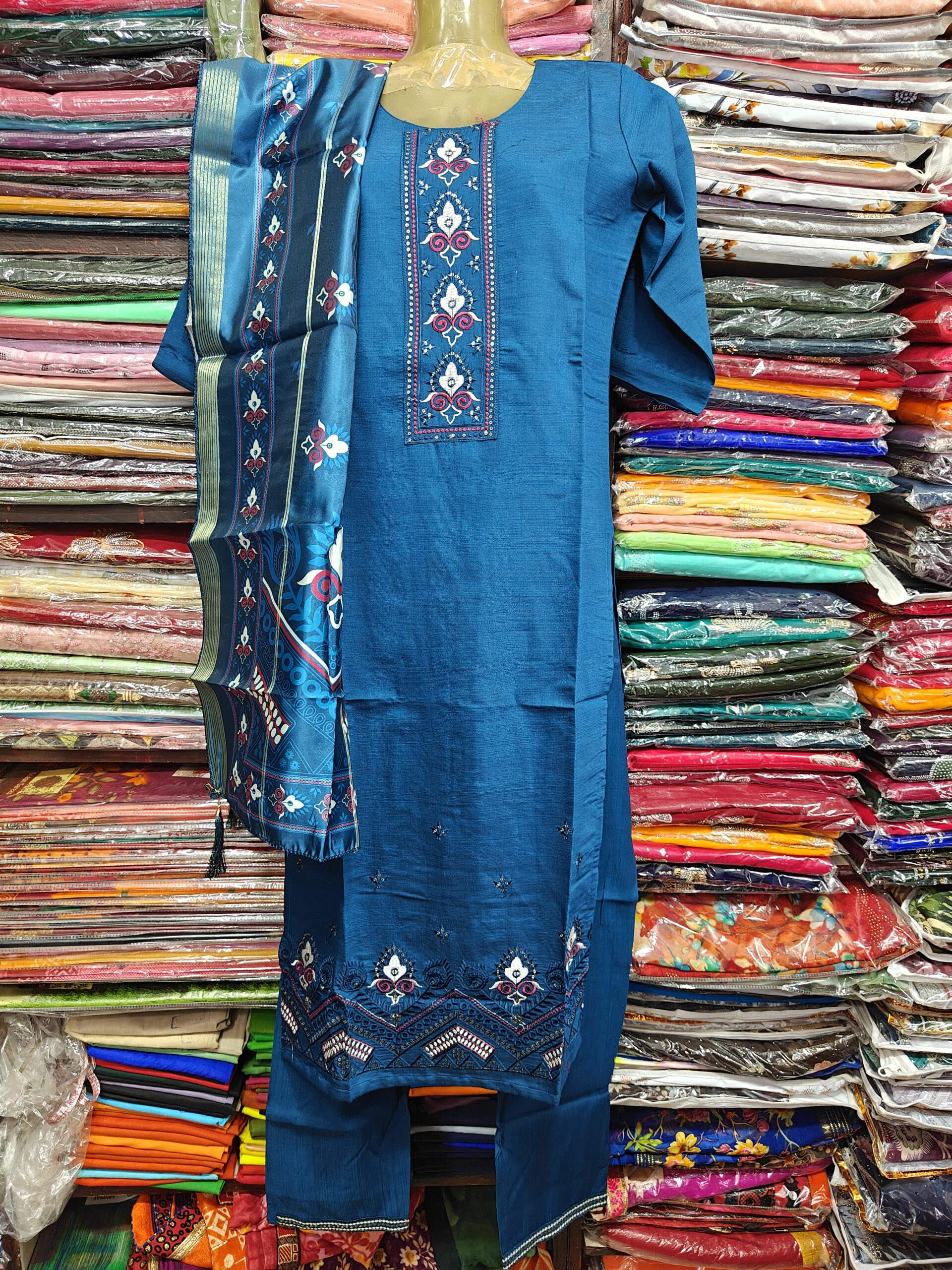 Teal Blue Embroidered Kurti Pant & Printed Dupatta Suit Set for Women | Elegant Ethnic Wear - Image 2