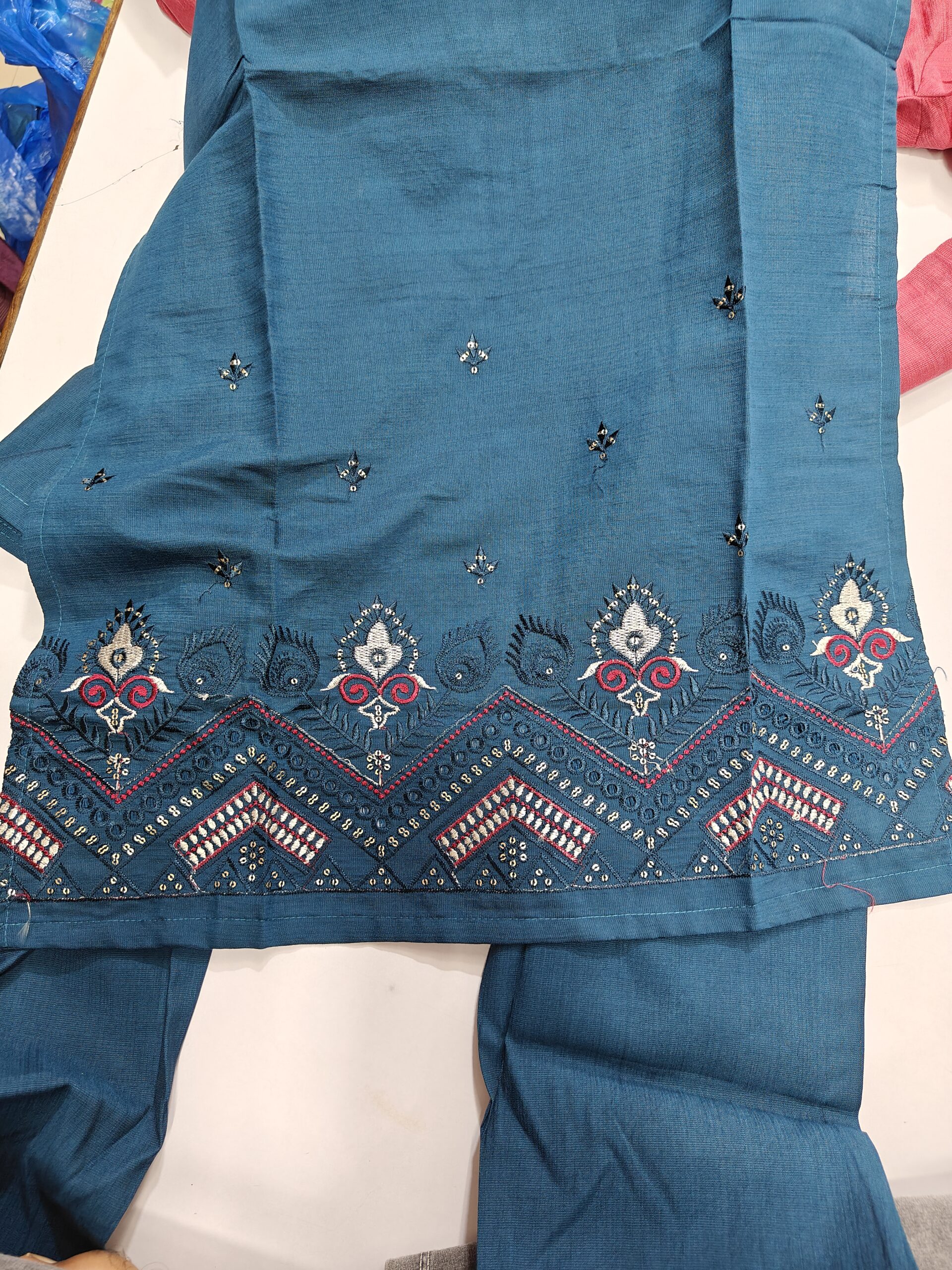 Teal Blue Embroidered Kurti Pant & Printed Dupatta Suit Set for Women | Elegant Ethnic Wear - Image 5