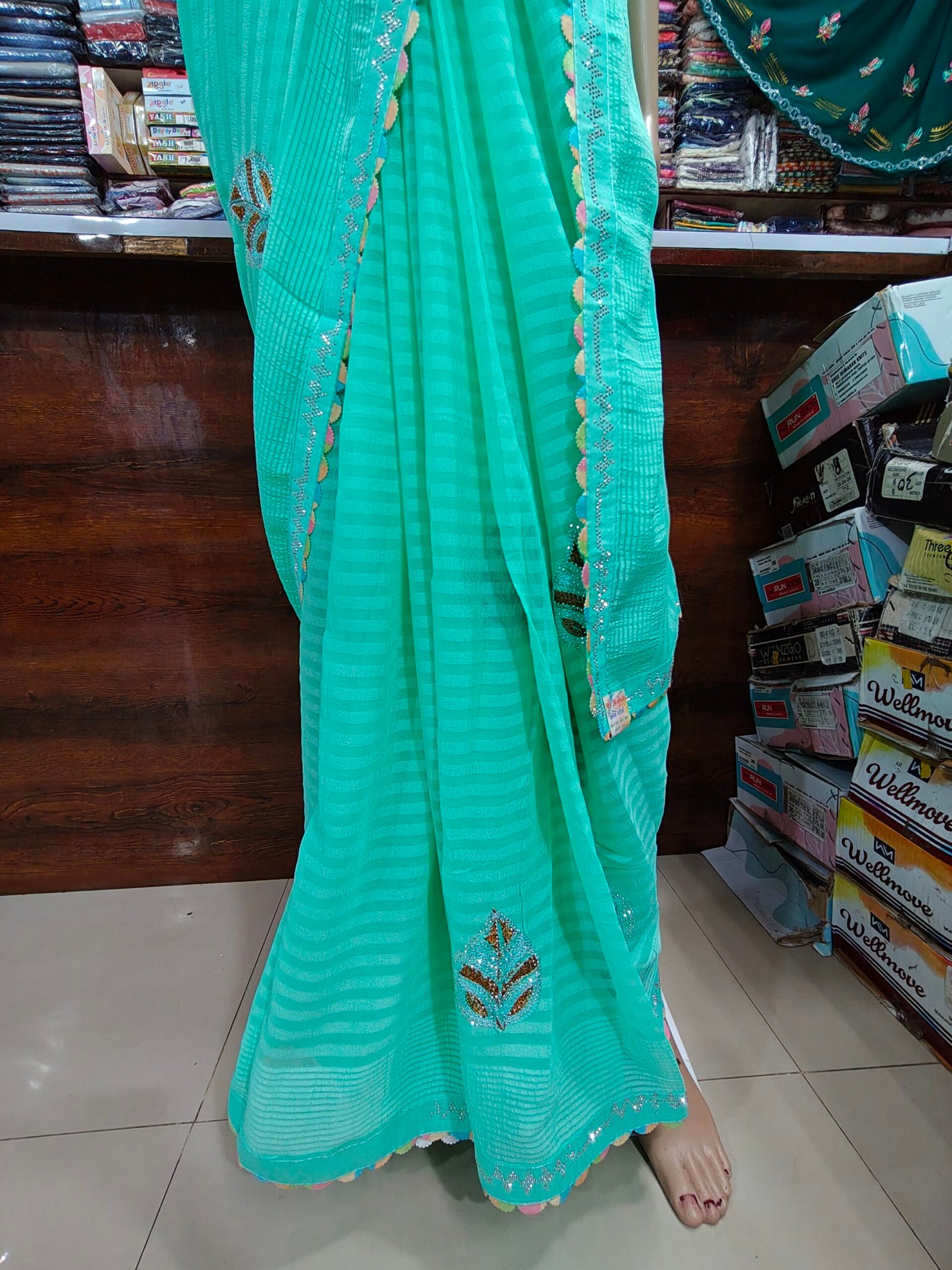 Light Green Soft Fabric Saree with Multicolour Border & Silver Stone Work | Party Wear Saree - Image 3