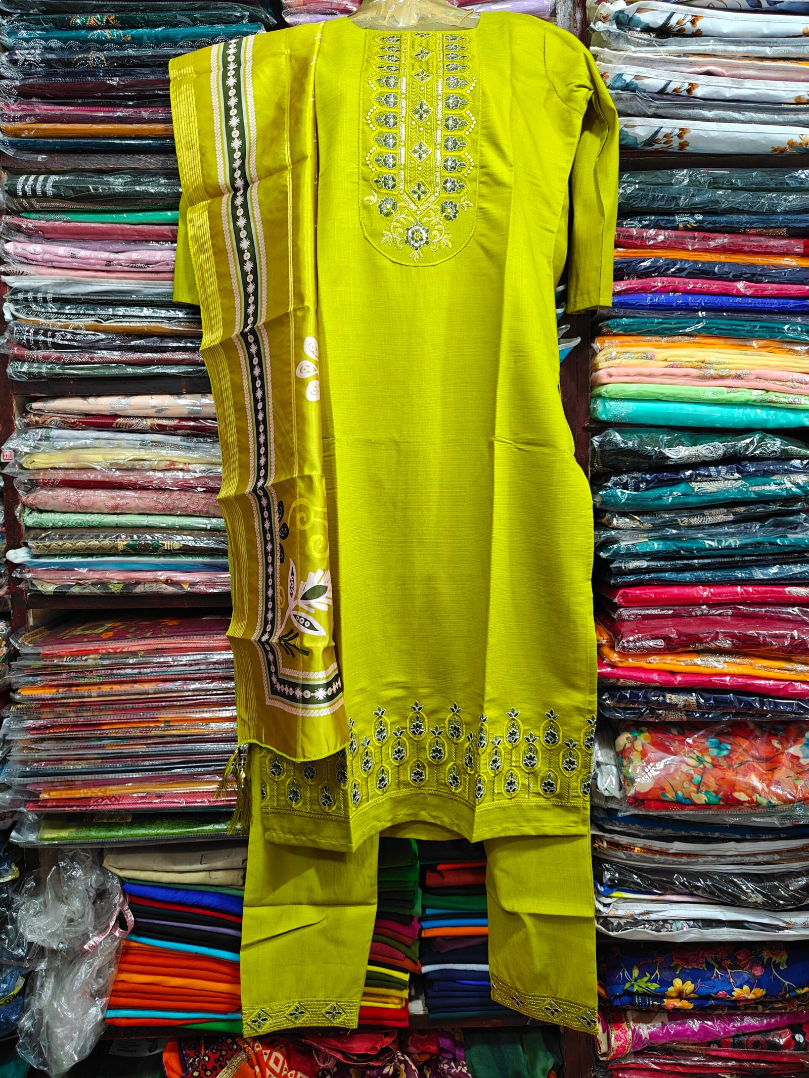 Lime Green Embroidered Kurti Plazo Set with Printed Dupatta - Image 2
