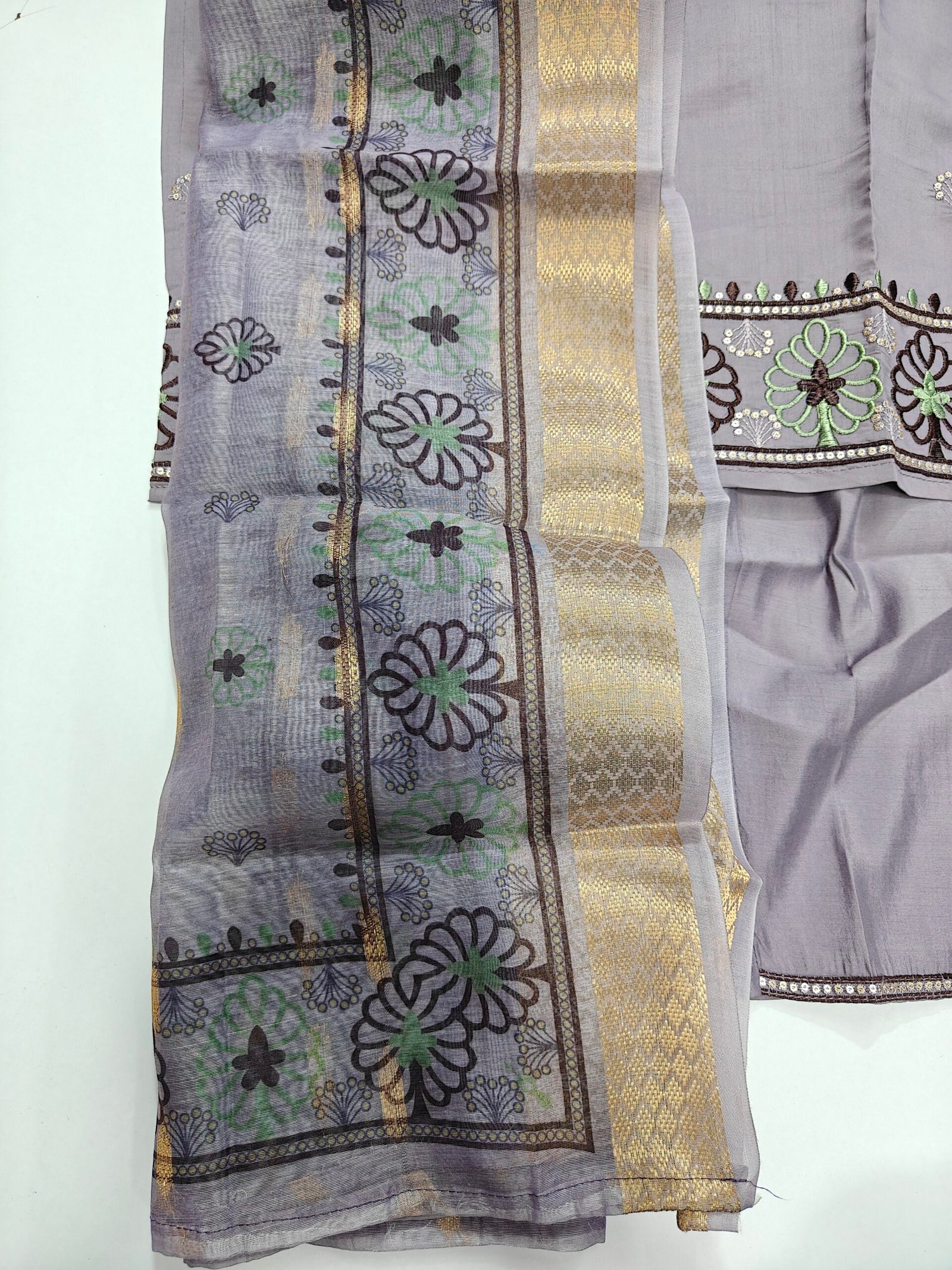 Lavender Embroidered Kurti Pant Set with Printed Dupatta - Image 6