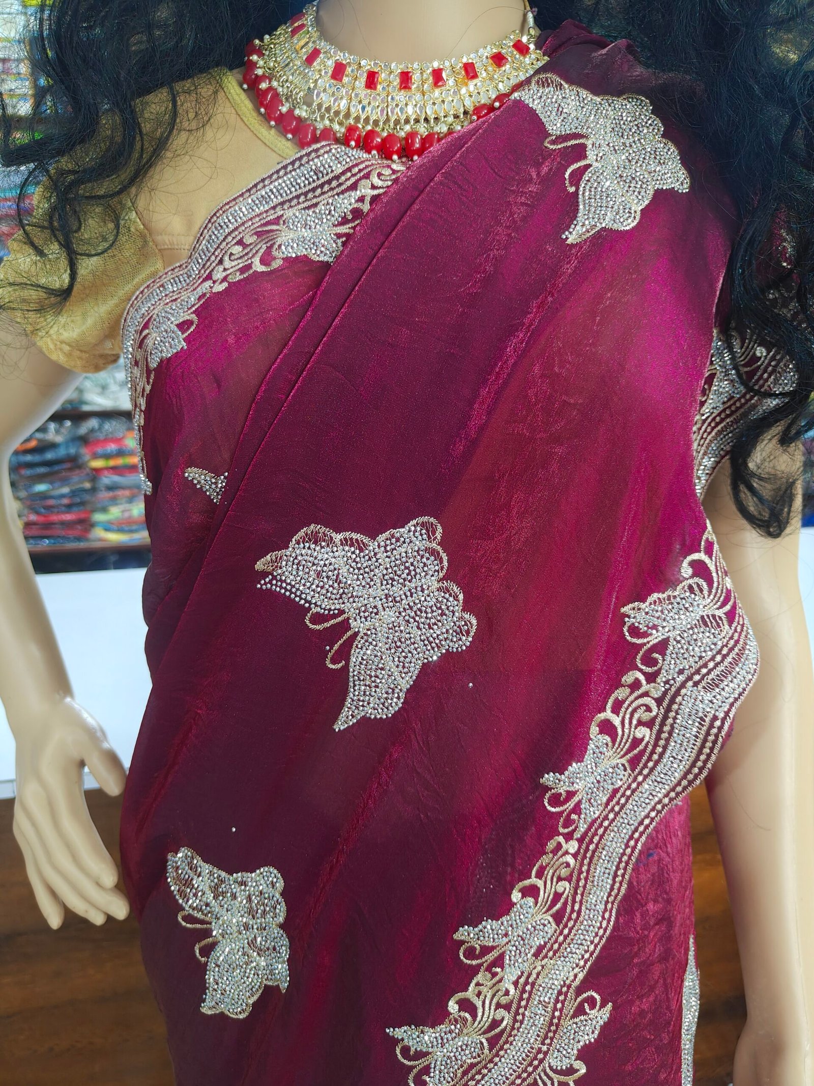 Maroon Saree with Silver Zari, Stone Work & Butterfly Design - Image 2