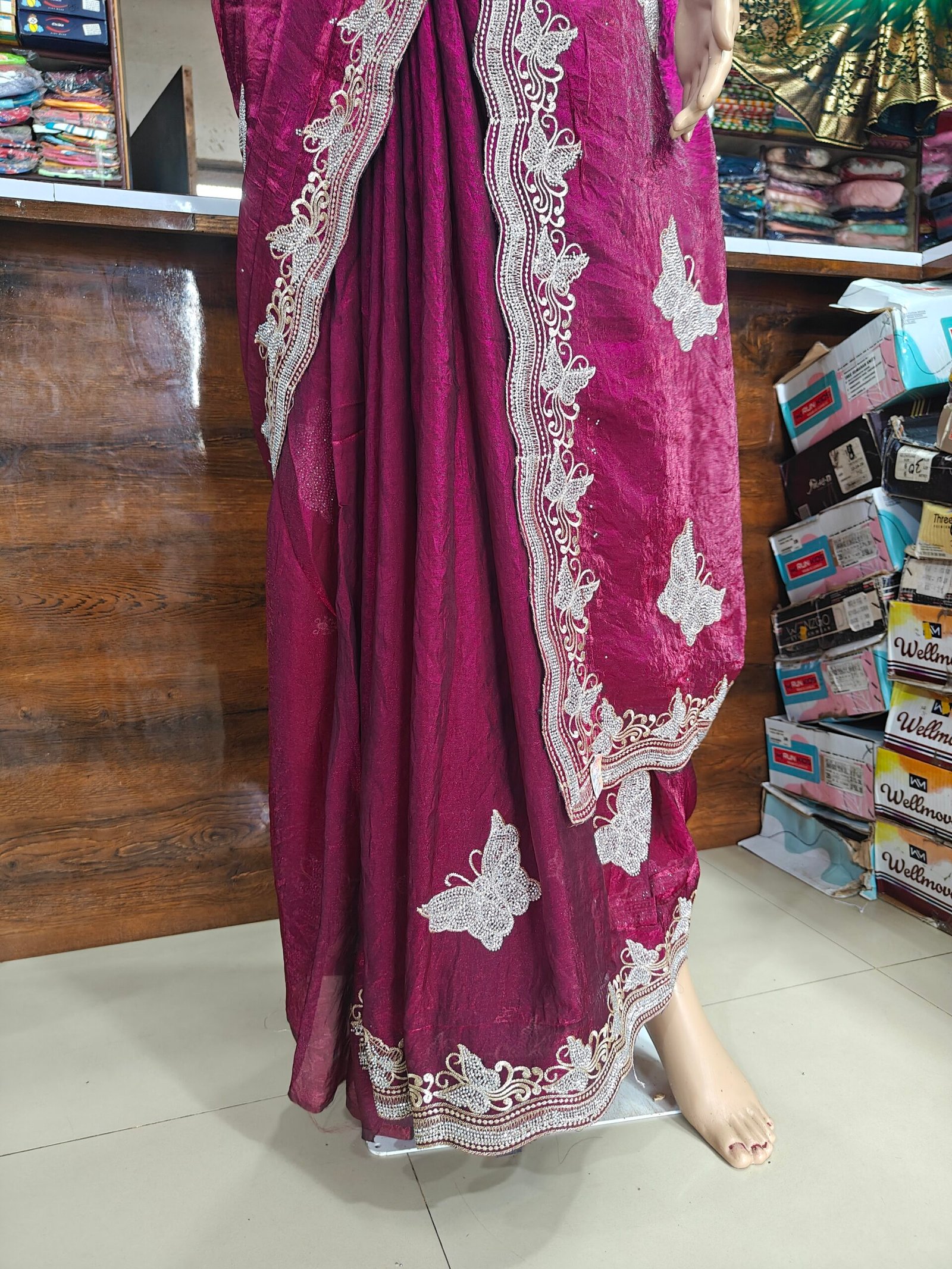 Maroon Saree with Silver Zari, Stone Work & Butterfly Design - Image 3