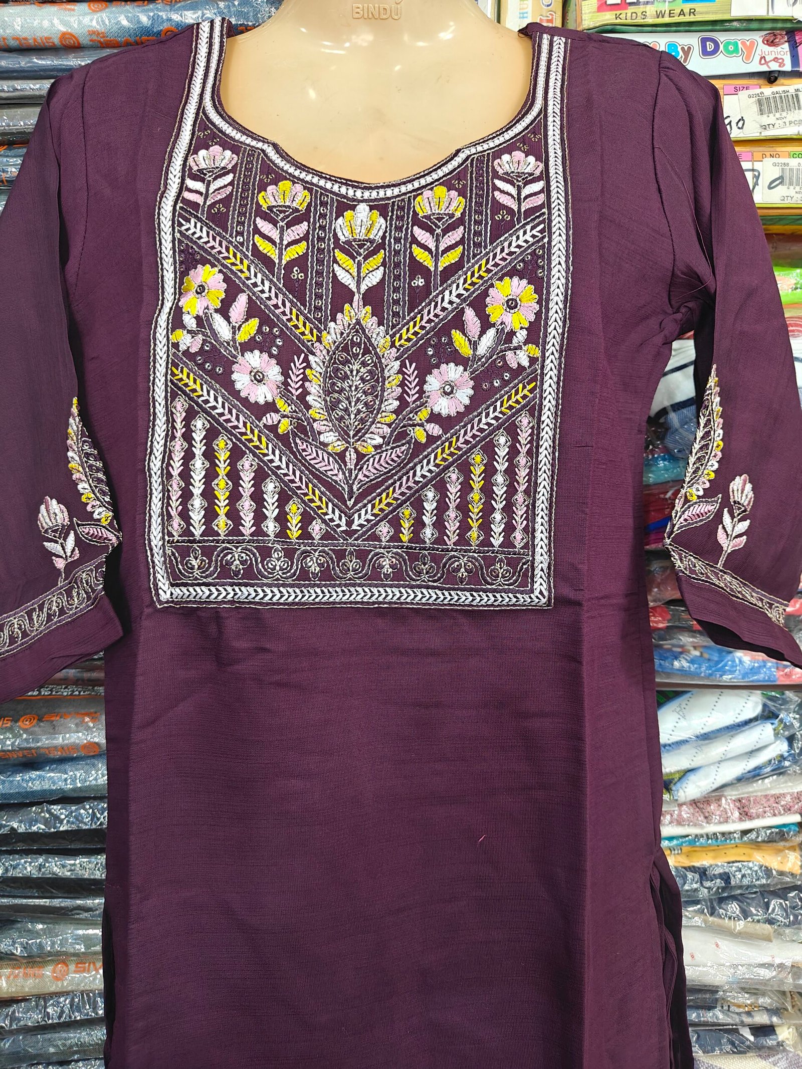 Wine Purple Embroidered Kurti Pant Set with Floral Yoke & Printed Dupatta - Image 2