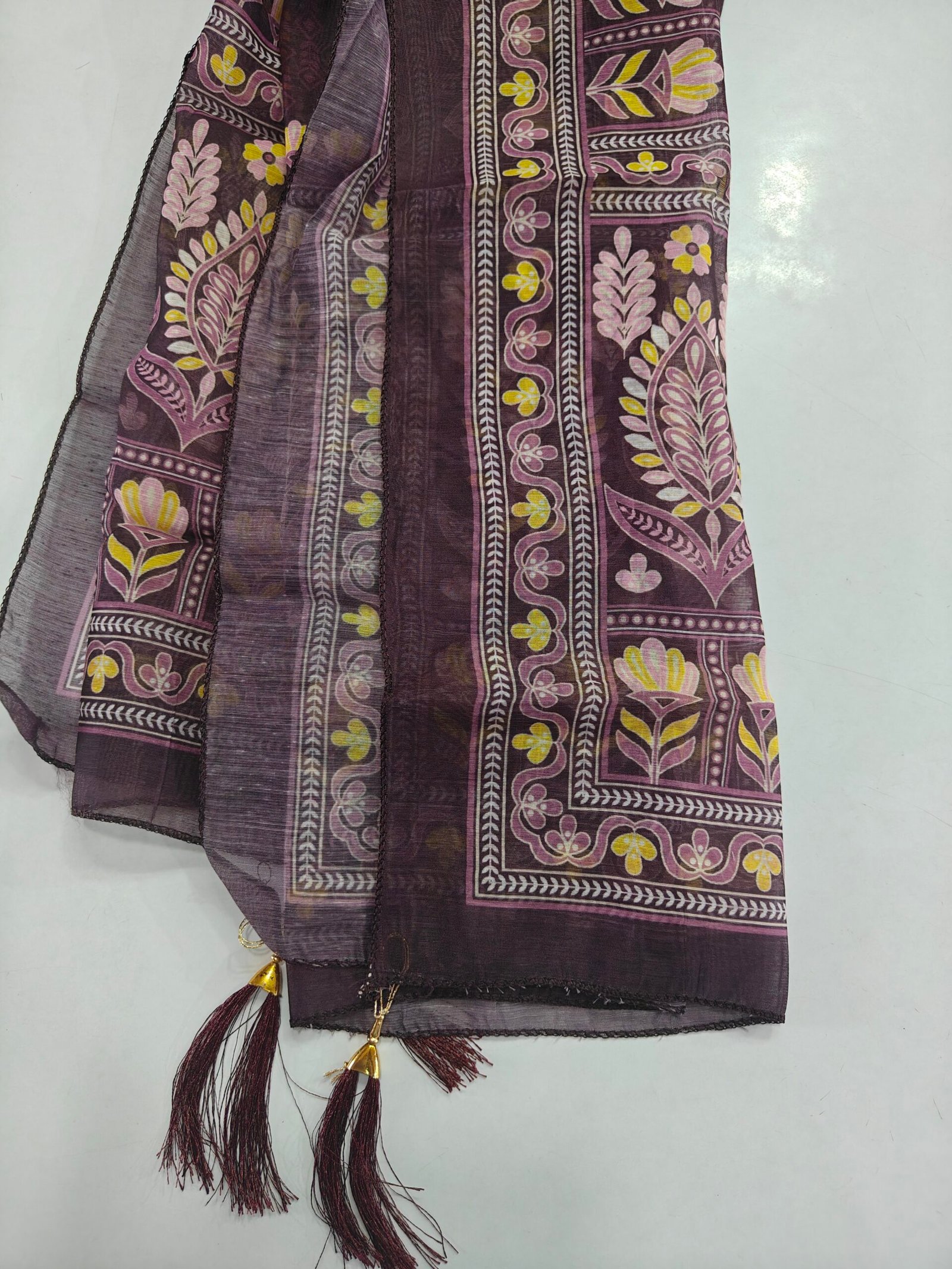 Wine Purple Embroidered Kurti Pant Set with Floral Yoke & Printed Dupatta - Image 4