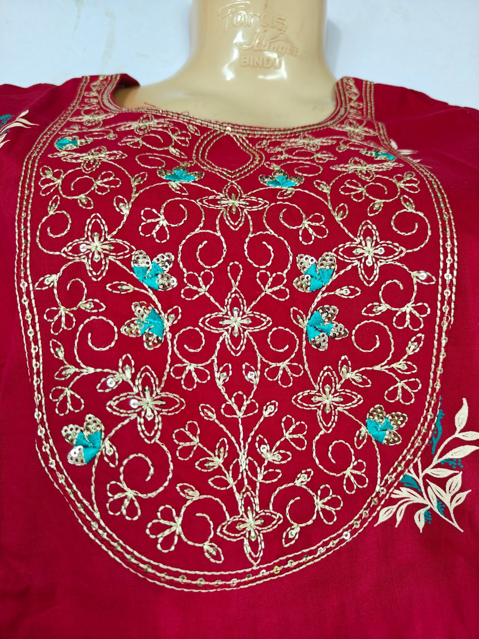 Red Embroidered Cotton Blend Kurti Pant Dupatta Set for Women | Designer Thread Work Ethnic Suit | Festive, Office & Daily Wear Salwar Suit - Image 2