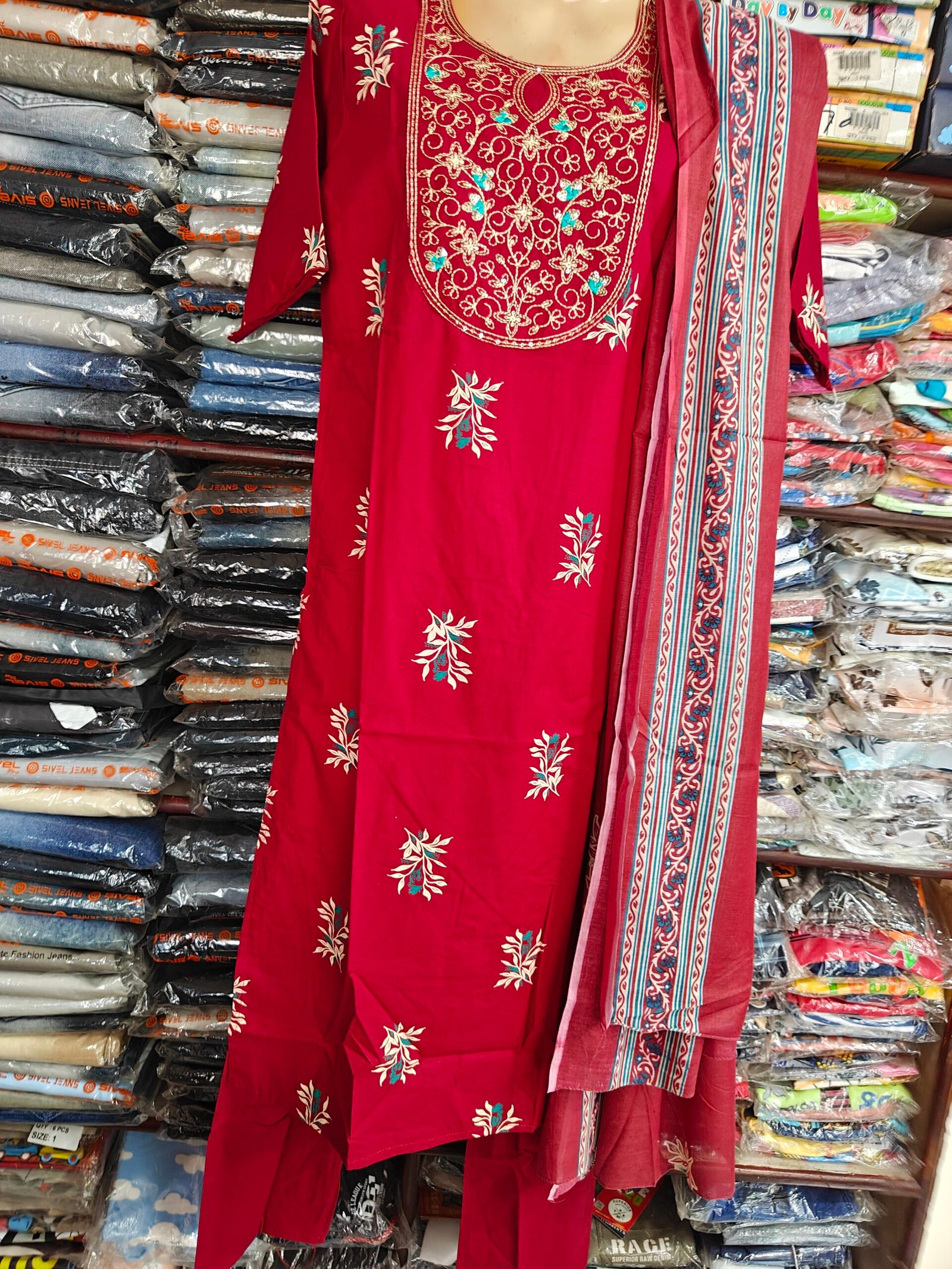Red Embroidered Cotton Blend Kurti Pant Dupatta Set for Women | Designer Thread Work Ethnic Suit | Festive, Office & Daily Wear Salwar Suit - Image 3