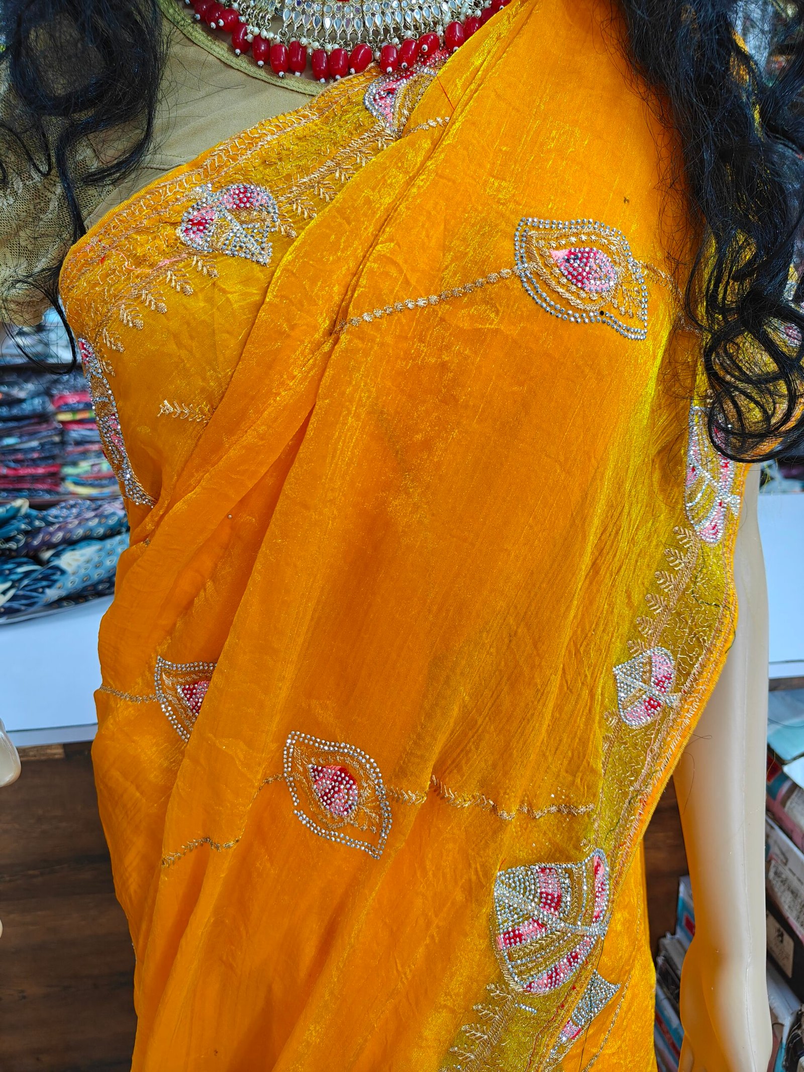 Mustard Yellow Designer Tissue Silk Saree for Women | Heavy Hand Embroidery, Stone Work & Cutwork Border Party Wear Saree - Image 2