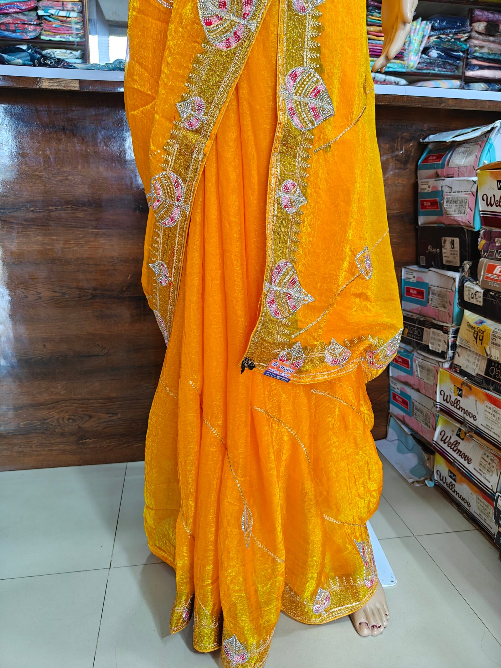 Mustard Yellow Designer Tissue Silk Saree for Women | Heavy Hand Embroidery, Stone Work & Cutwork Border Party Wear Saree - Image 4