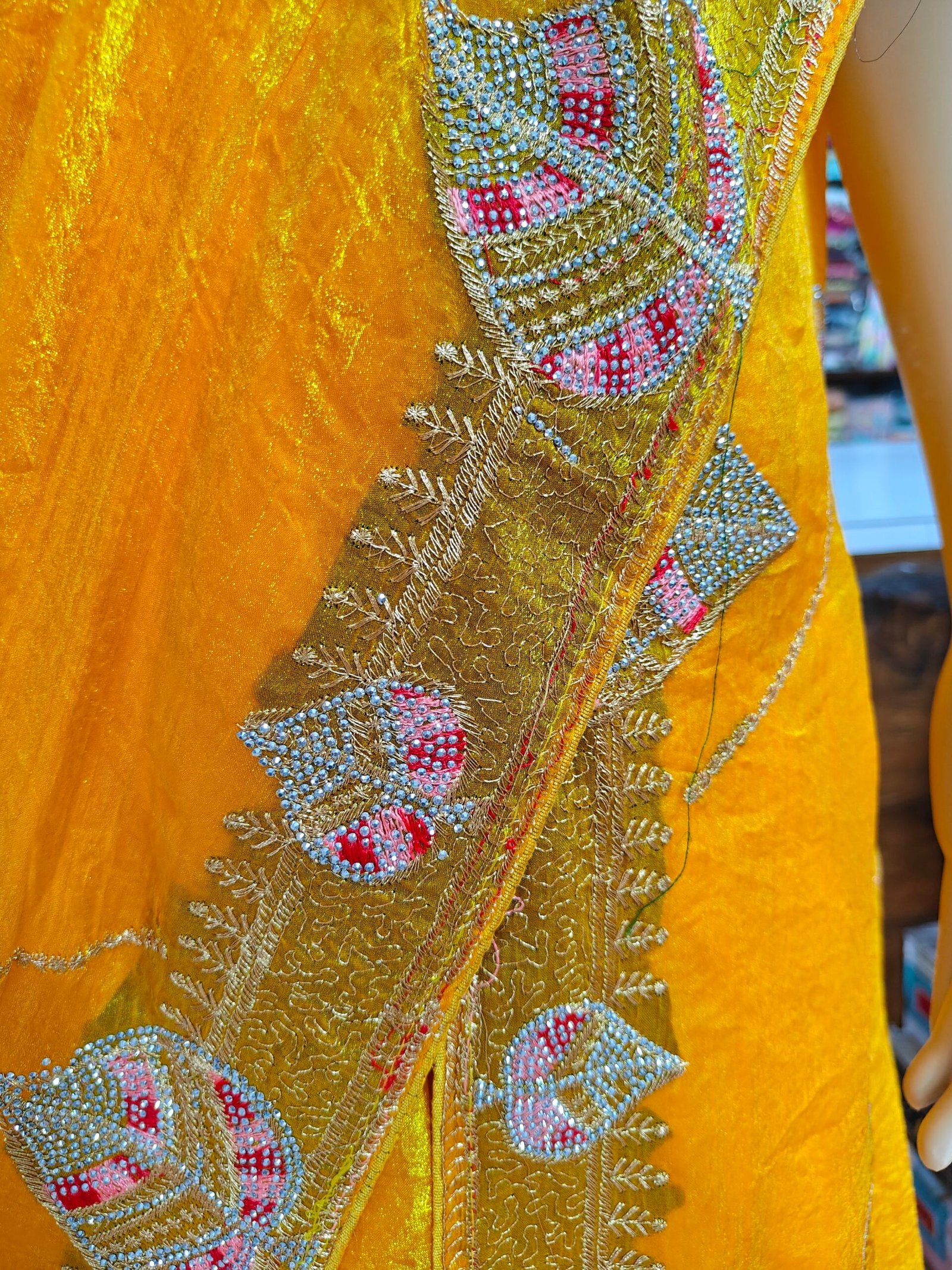 Mustard Yellow Designer Tissue Silk Saree for Women | Heavy Hand Embroidery, Stone Work & Cutwork Border Party Wear Saree - Image 5