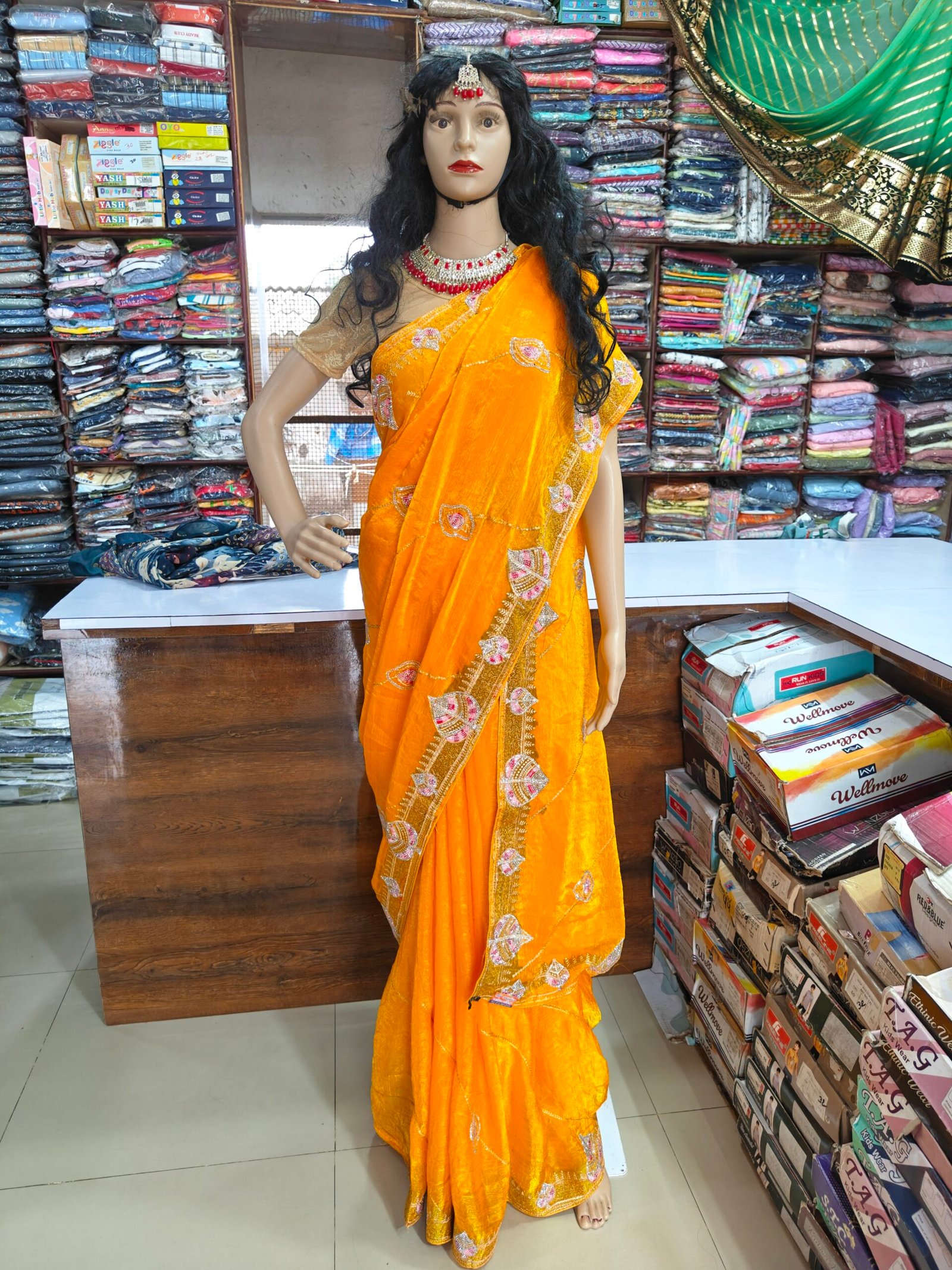 Mustard Yellow Designer Tissue Silk Saree for Women | Heavy Hand Embroidery, Stone Work & Cutwork Border Party Wear Saree - Image 3