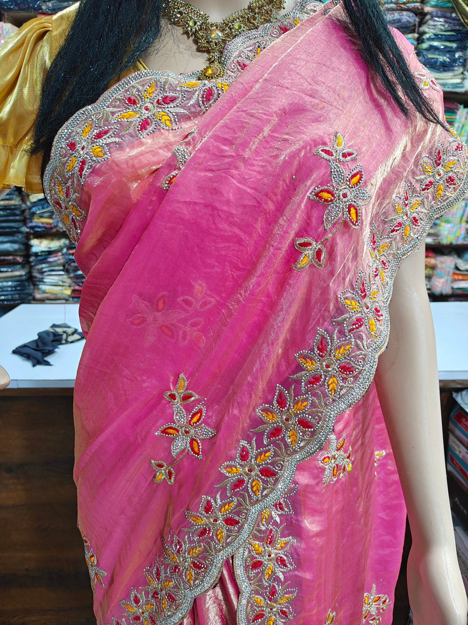 Baby Pink Trendy Fabric Saree for Women | Heavy Floral Embroidery & Stone Work Border Saree | Designer Party Wear Saree - Image 2