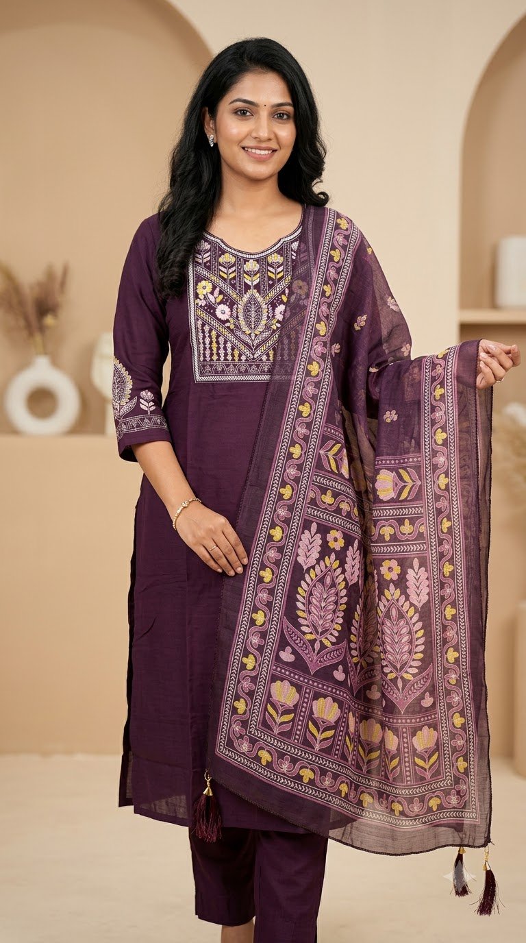 Wine Purple Embroidered Kurti Pant Set with Floral Yoke & Printed Dupatta