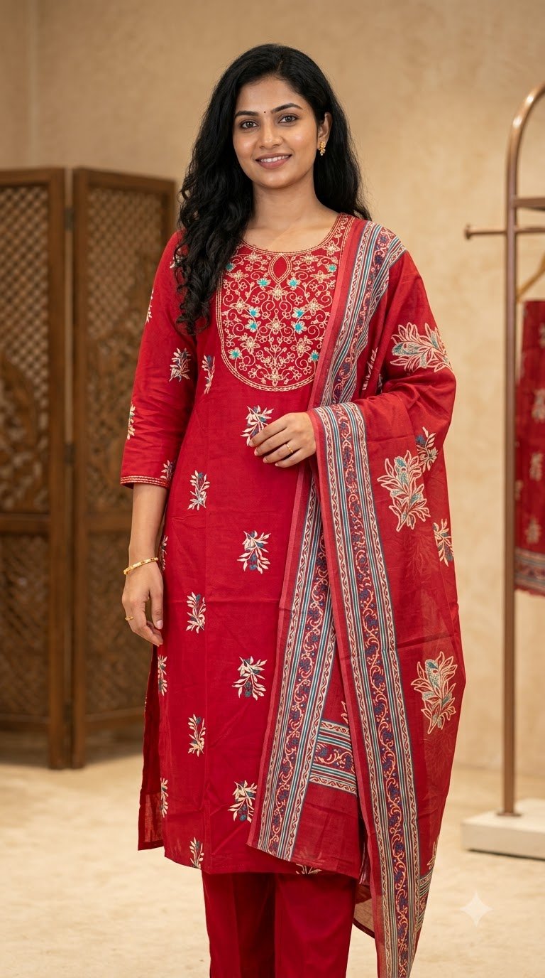Red Embroidered Cotton Blend Kurti Pant Dupatta Set for Women | Designer Thread Work Ethnic Suit | Festive, Office & Daily Wear Salwar Suit