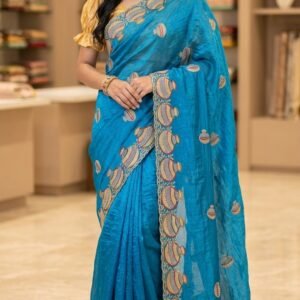 Peacock Blue Fendy Matka Design Saree with Embroidered Border