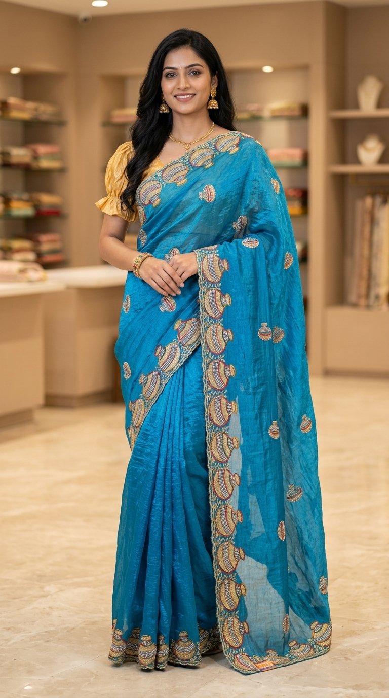Peacock Blue Fendy Matka Design Saree with Embroidered Border