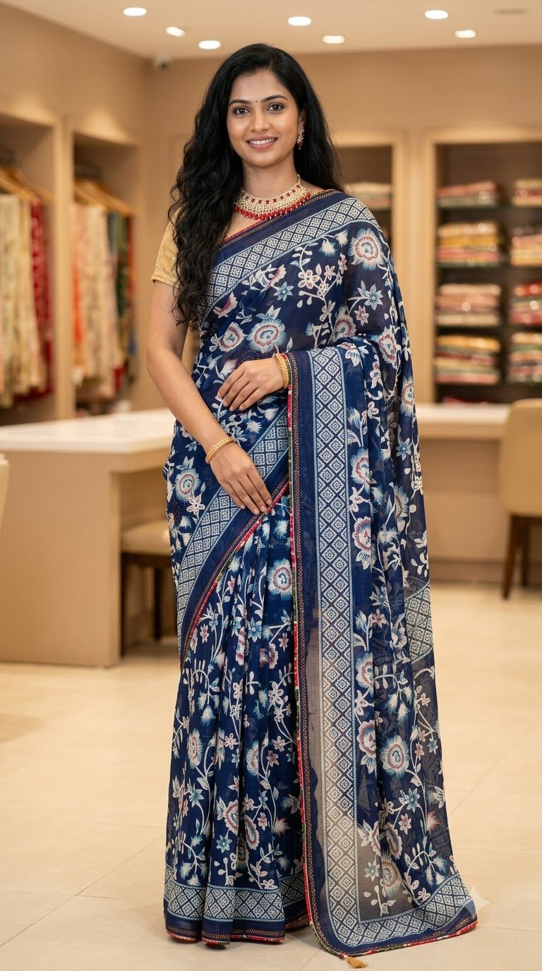 Navy Blue Floral Printed Saree for Women | Soft Georgette Printed Saree with Designer Border | Elegant Daily & Party Wear Saree