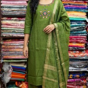 Olive Green Embroidered Kurti Palazzo Set with Dupatta | Mirror Work Ethnic Wear
