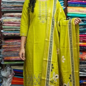 Lime Green Embroidered Kurti Plazo Set with Printed Dupatta