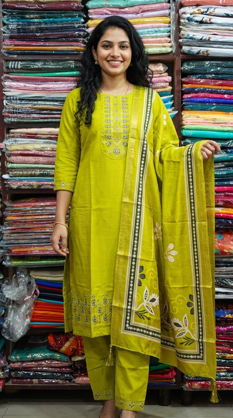 Lime Green Embroidered Kurti Plazo Set with Printed Dupatta